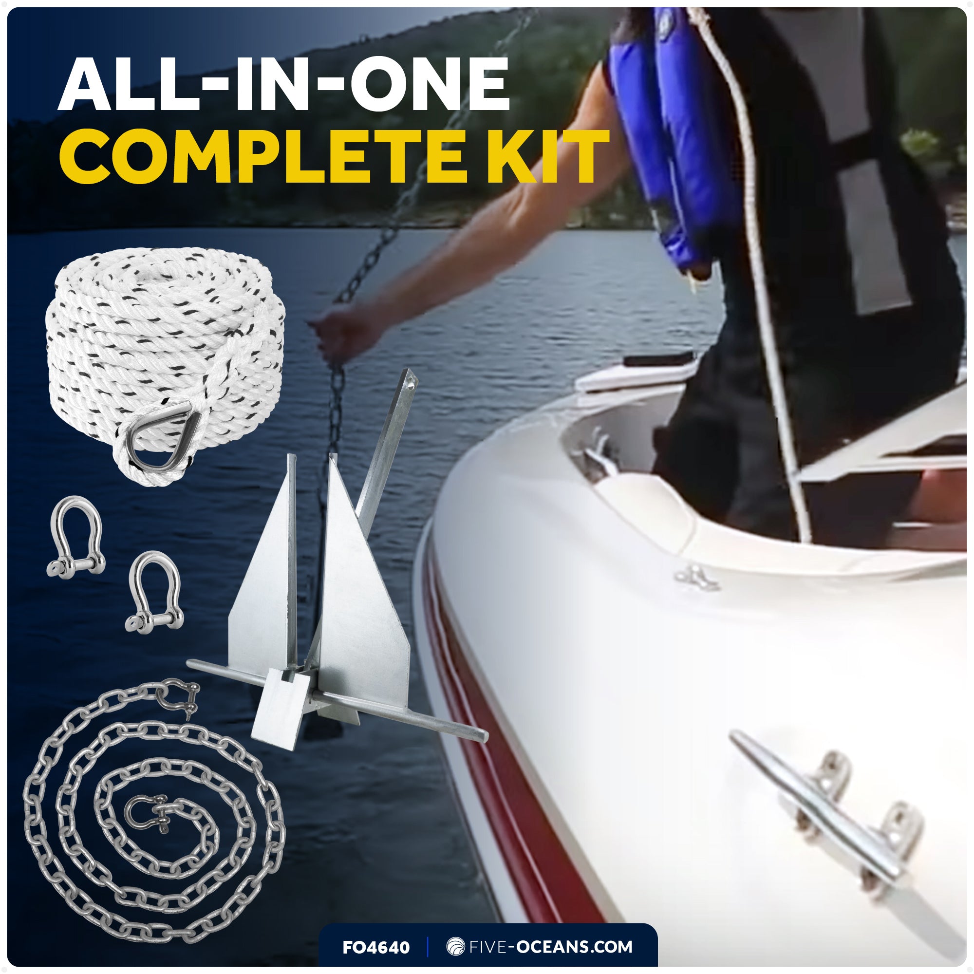 8 Lb Boat Fluke Anchor Kit, Hot Dipped Galvanized, Rope, Chain and Shackle - FO4640 - Five Oceans