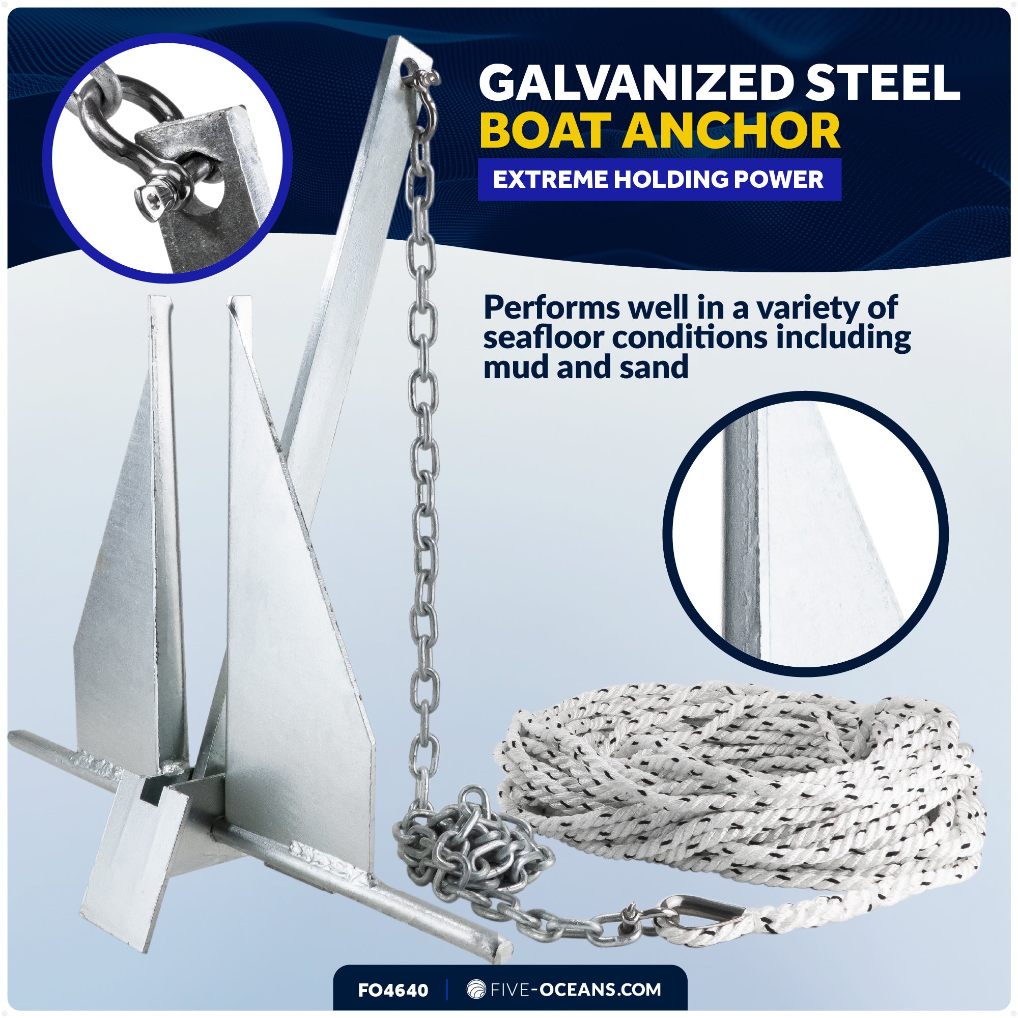 8 Lb Boat Fluke Anchor Kit, Hot Dipped Galvanized, Rope, Chain and Shackle - FO4640 - Five Oceans