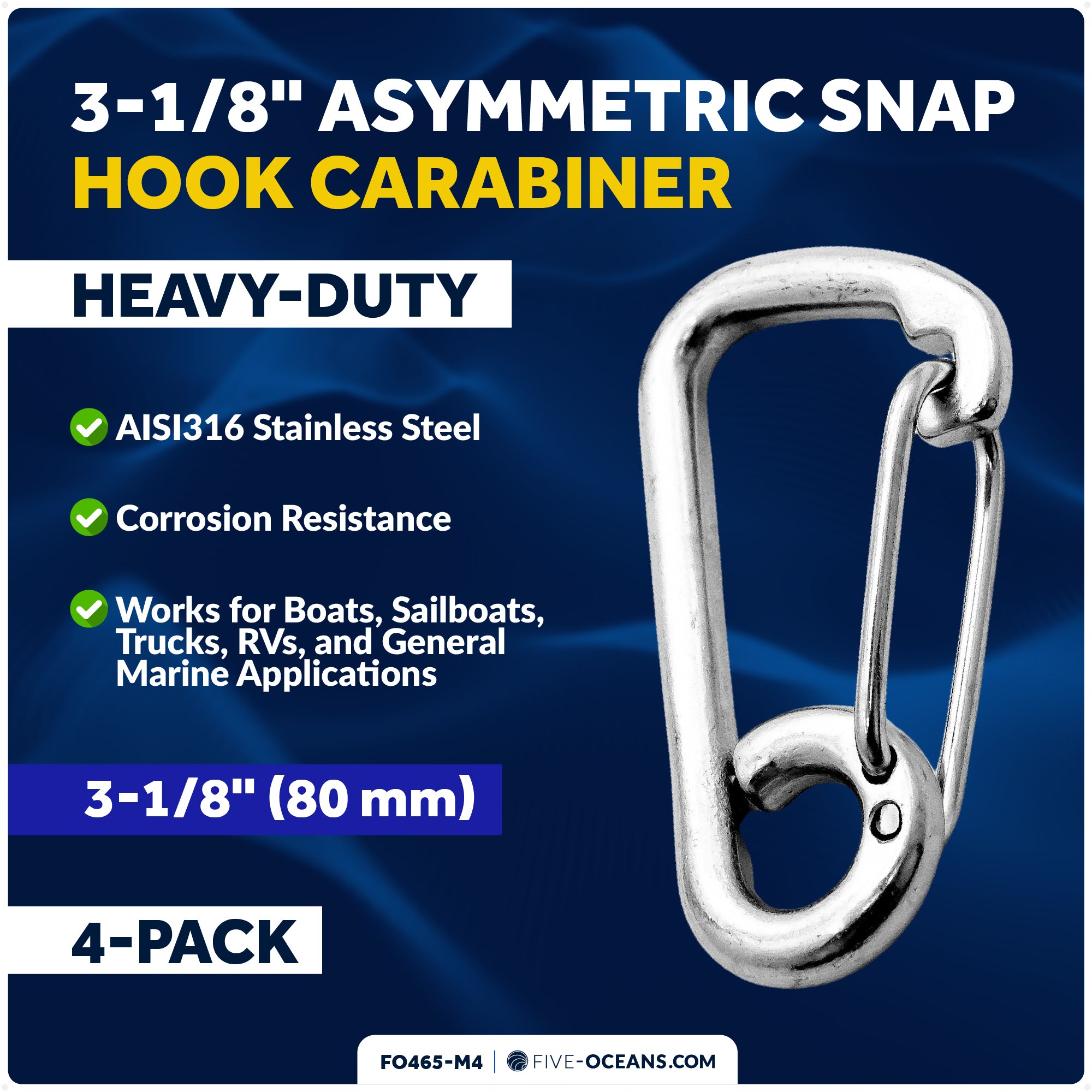3-1/8" Asymmetric Snap Hook Carabiner, AISI316 Stainless Steel, 4-Pack - FO465-M4 - Five Oceans