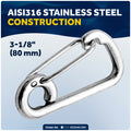 3-1/8" Asymmetric Snap Hook Carabiner, AISI316 Stainless Steel, 4-Pack - FO465-M4 - Five Oceans
