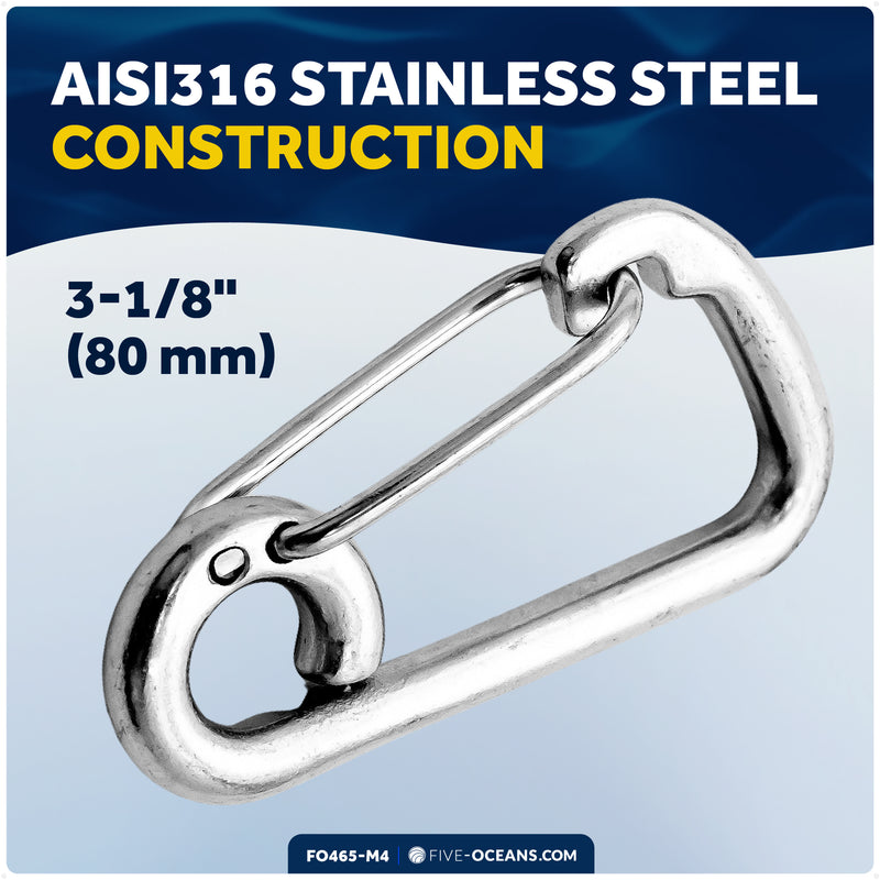 3-1/8" Asymmetric Snap Hook Carabiner, AISI316 Stainless Steel, 4-Pack - FO465-M4 - Five Oceans