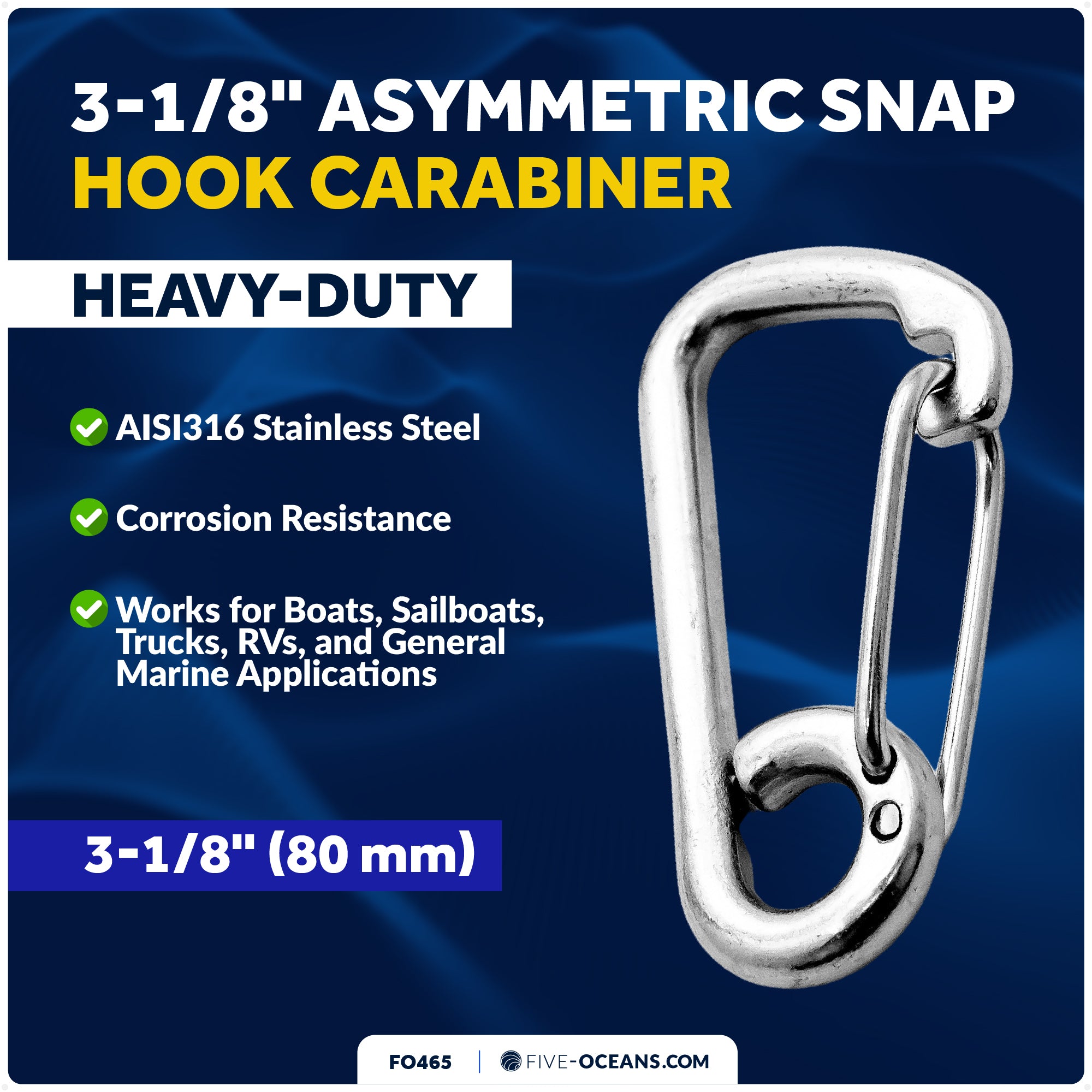 3-1/8" Asymmetric Snap Hook Carabiner, AISI316 Stainless Steel - FO465 - Five Oceans