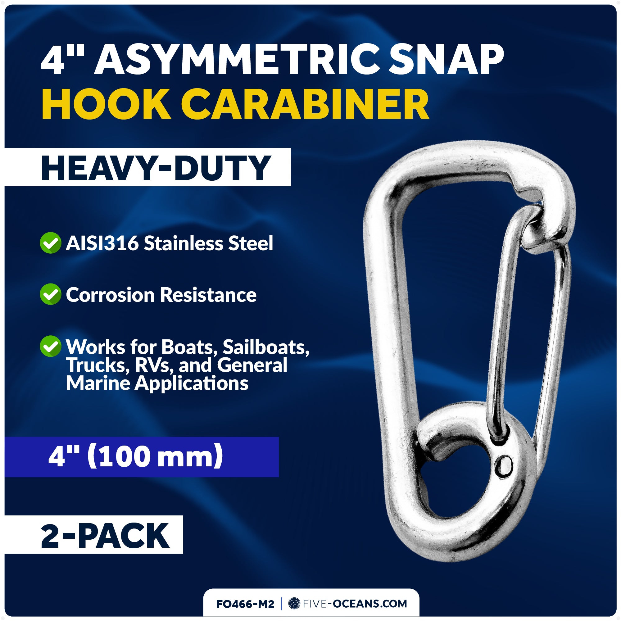 4" Asymmetric Snap Hook Carabiner, AISI316 Stainless Steel, 2-Pack - FO466-M2 - Five Oceans