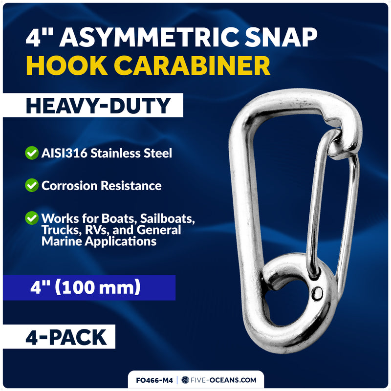 4" Asymmetric Snap Hook Carabiner, AISI316 Stainless Steel, 4-Pack - FO466-M4 - Five Oceans