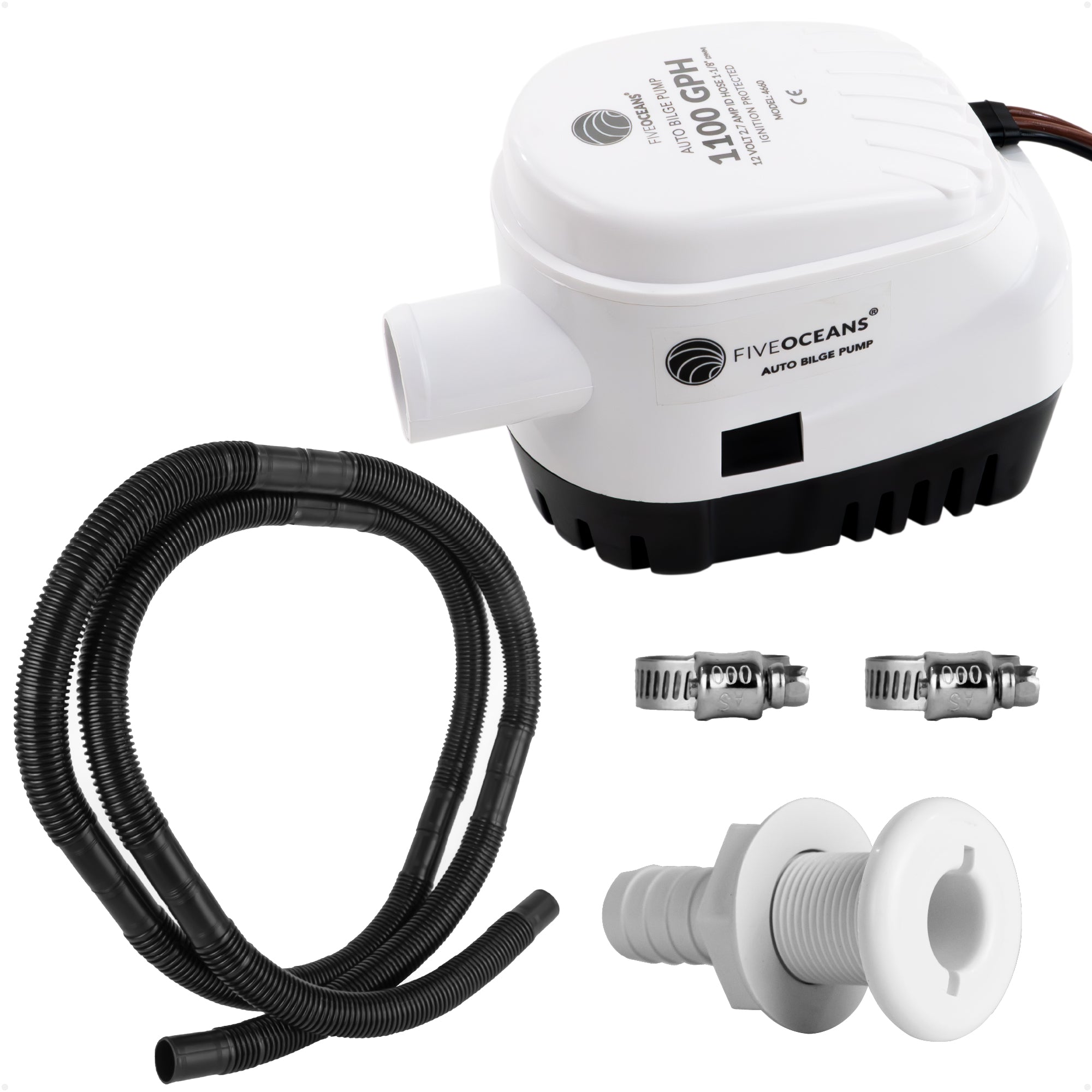 1100 GPH / 4164 LPH Automatic Bilge Pump Plumbing Kit, 12V, 1-1/8" (29mm) Hose and Thru-hull Fitting, 41" 18-Gauge Wire - FO4660-C1