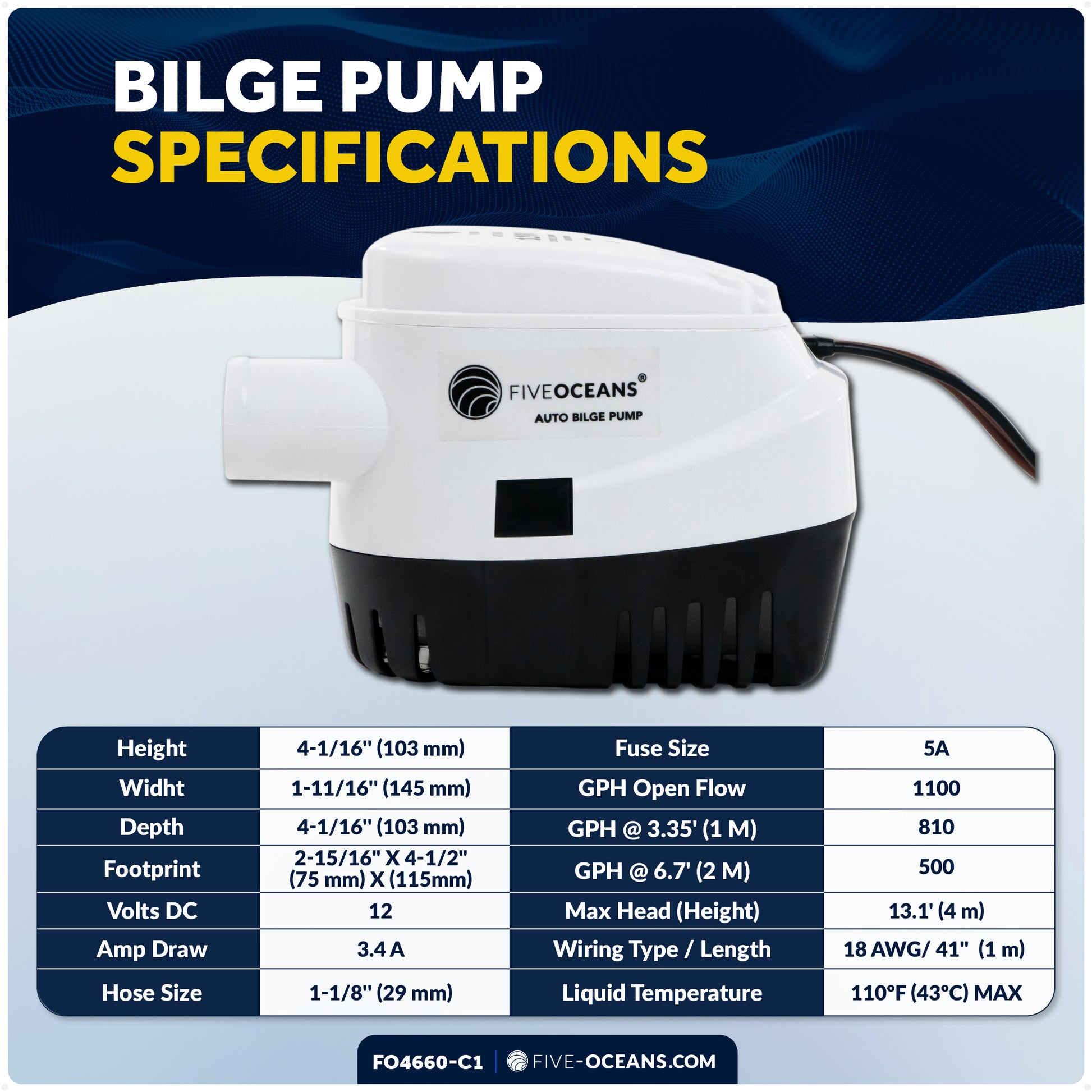 1100 GPH / 4164 LPH Automatic Bilge Pump Plumbing Kit, 12V, 1-1/8" (29mm) Hose and Thru-hull Fitting, 41" 18-Gauge Wire - FO4660-C1 - Five Oceans