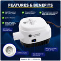1100 GPH / 4164 LPH Automatic Bilge Pump Plumbing Kit, 12V, 1-1/8" (29mm) Hose and Thru-hull Fitting, 41" 18-Gauge Wire - FO4660-C1 - Five Oceans