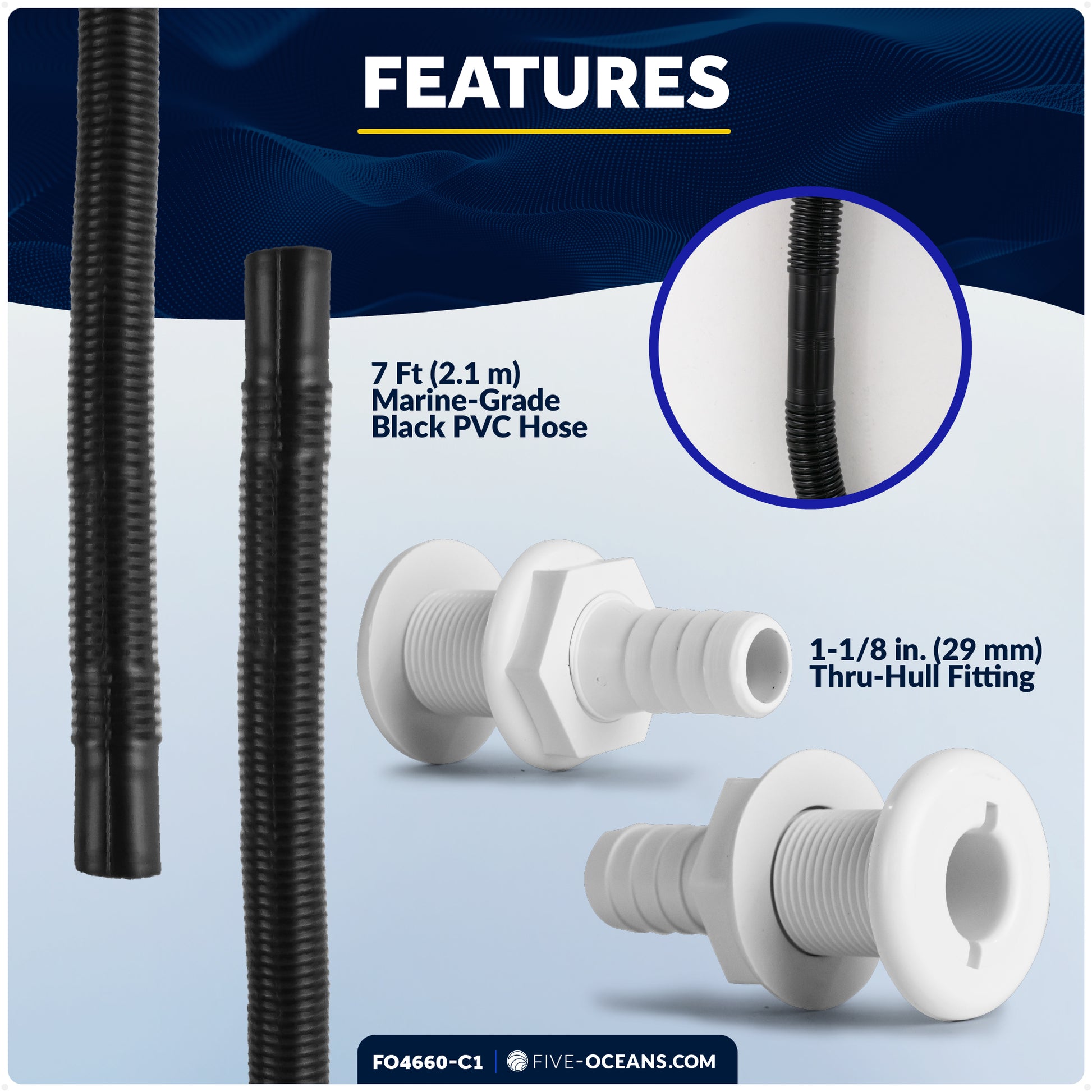 1100 GPH / 4164 LPH Automatic Bilge Pump Plumbing Kit, 12V, 1-1/8" (29mm) Hose and Thru-hull Fitting, 41" 18-Gauge Wire - FO4660-C1 - Five Oceans