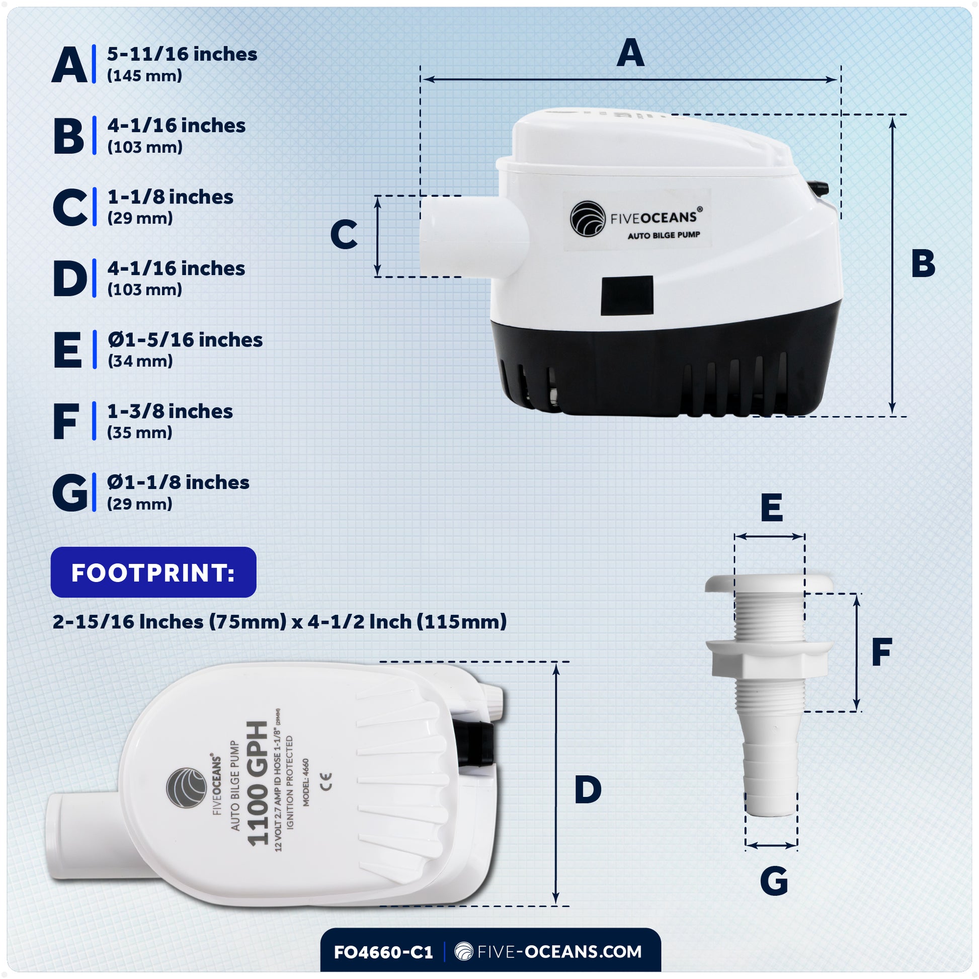 1100 GPH / 4164 LPH Automatic Bilge Pump Plumbing Kit, 12V, 1-1/8" (29mm) Hose and Thru-hull Fitting, 41" 18-Gauge Wire - FO4660-C1 - Five Oceans