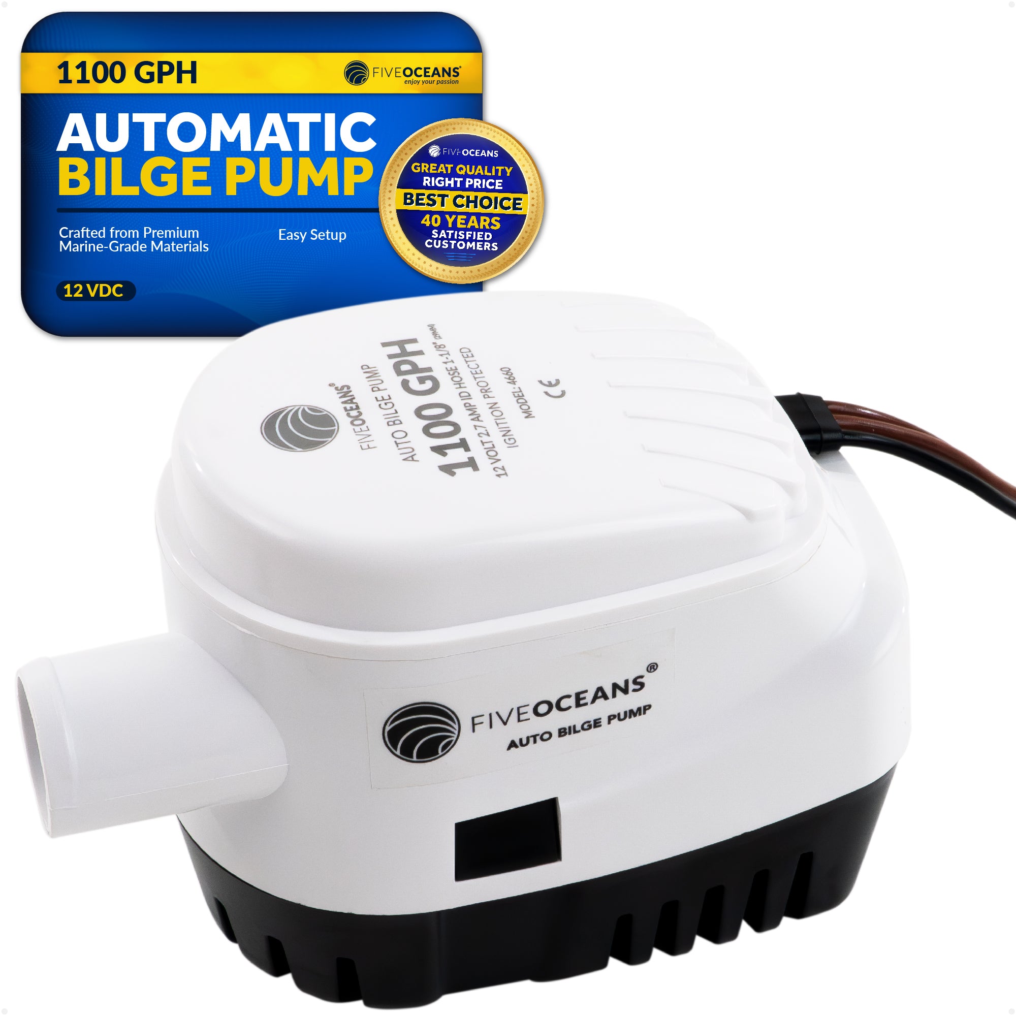 1100 GPH / 4164 LPH Automatic Bilge Pump 12V, 1-1/8" (29mm) Interior Diameter Hose, 41" 18-Gauge Wire - FO4660 - Five Oceans