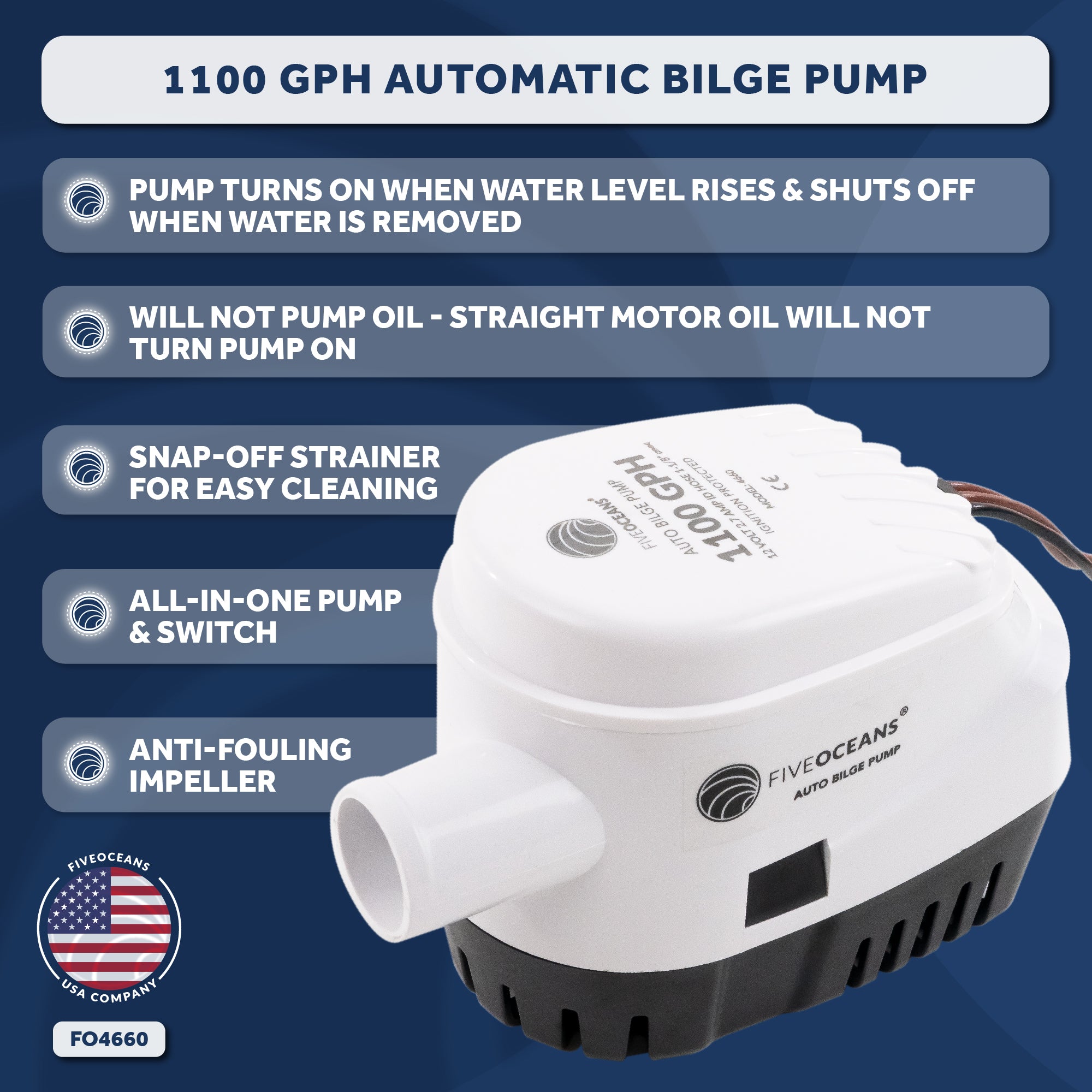 1100 GPH / 4164 LPH Automatic Bilge Pump 12V, 1-1/8" (29mm) Interior Diameter Hose, 41" 18-Gauge Wire - FO4660 - Five Oceans