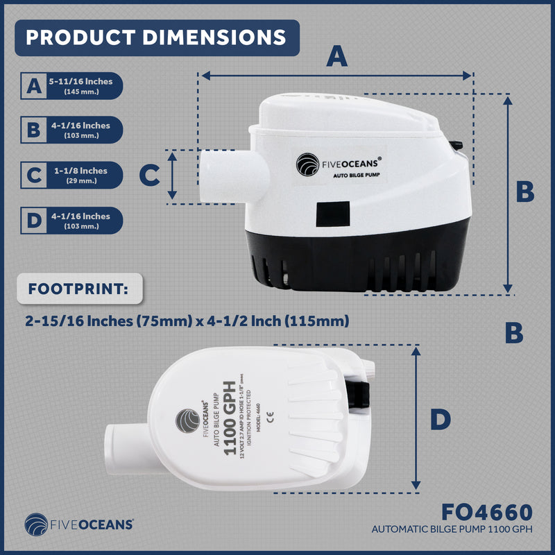 1100 GPH / 4164 LPH Automatic Bilge Pump 12V - 1-1/8" Hose ID Port - FO4660 - Five Oceans