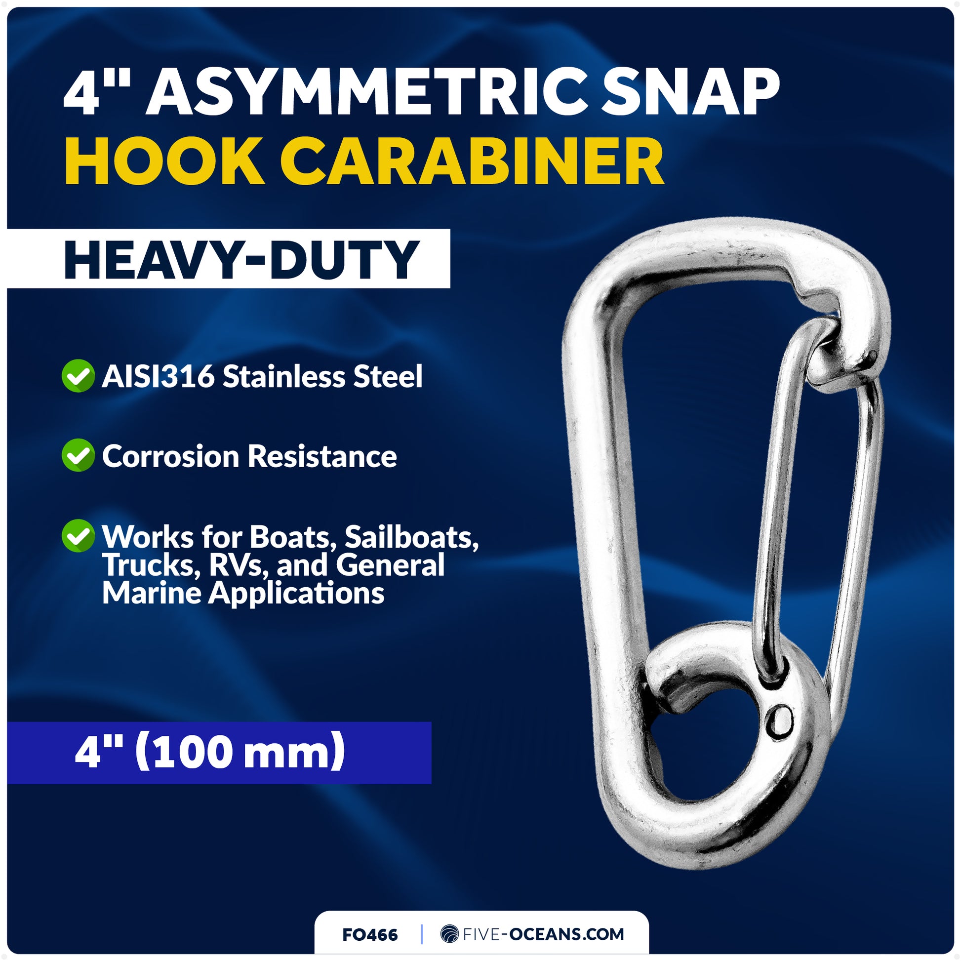 4" Asymmetric Snap Hook Carabiner, AISI316 Stainless Steel - FO466 - Five Oceans
