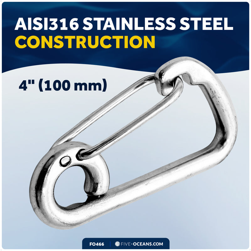 4" Asymmetric Snap Hook Carabiner, AISI316 Stainless Steel - FO466 - Five Oceans