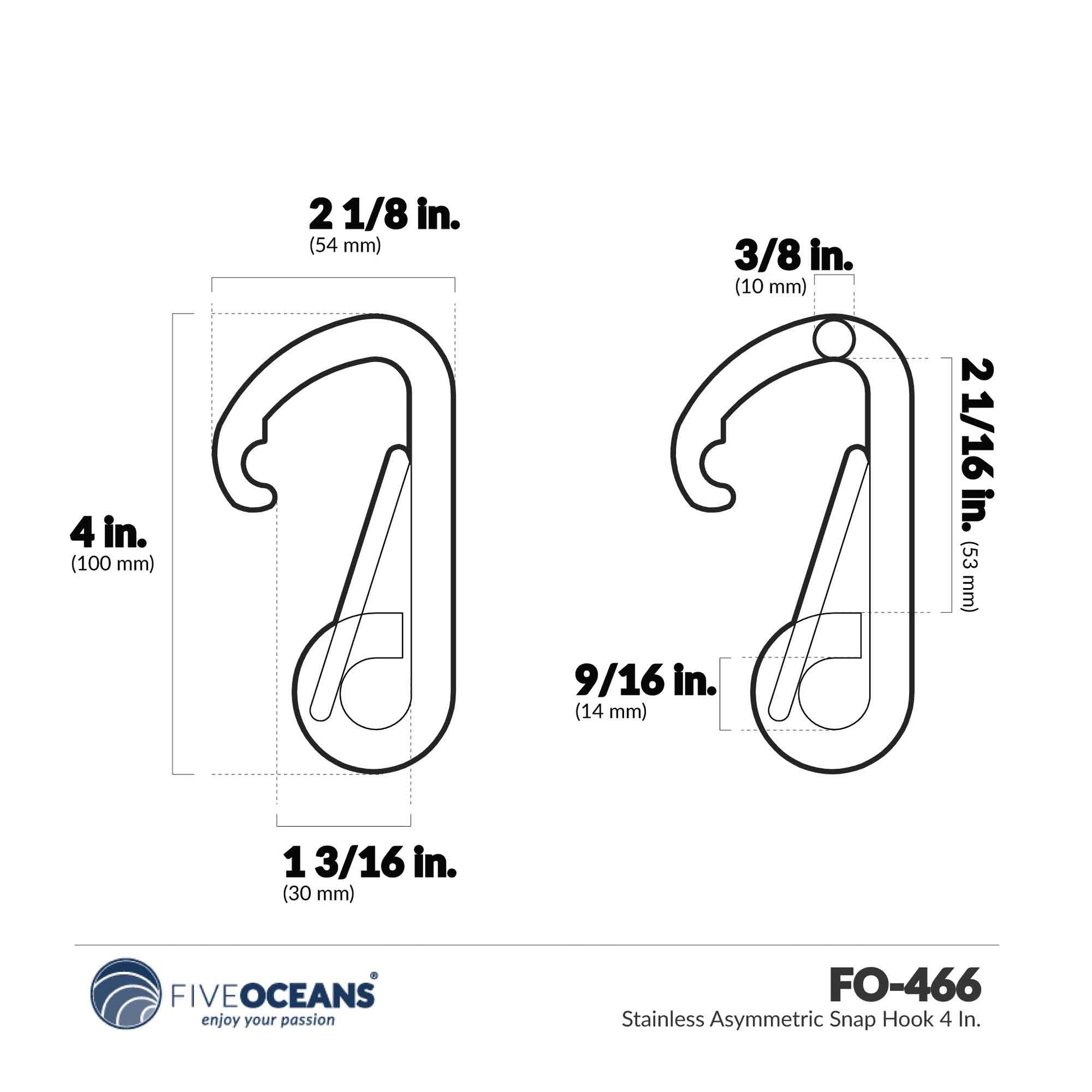 Asymmetric Snap Hook, Stainless Steel, 4" - FO466 - Five Oceans