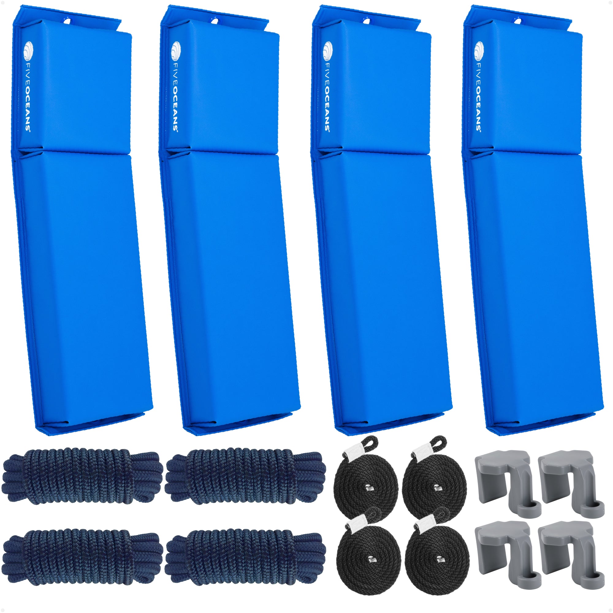 Pontoon Docking Kit - Blue Flat Fenders with Dock Lines & Fender Clips, 4-Pack - FO4680-C1