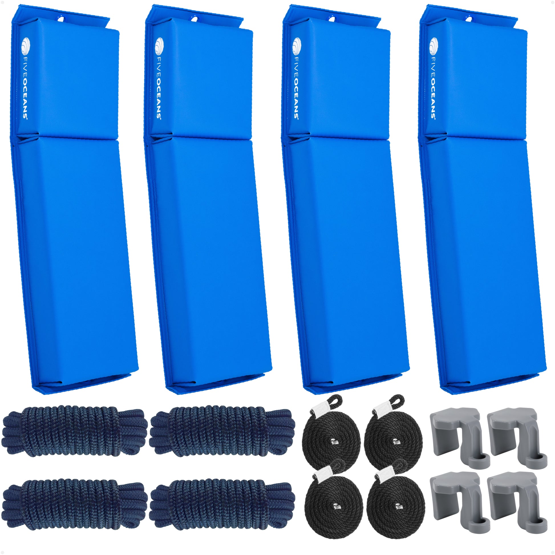 Pontoon Docking Kit - Blue Flat Fenders with Dock Lines & Fender Clips, 4-Pack - FO4680-C1 - Five Oceans
