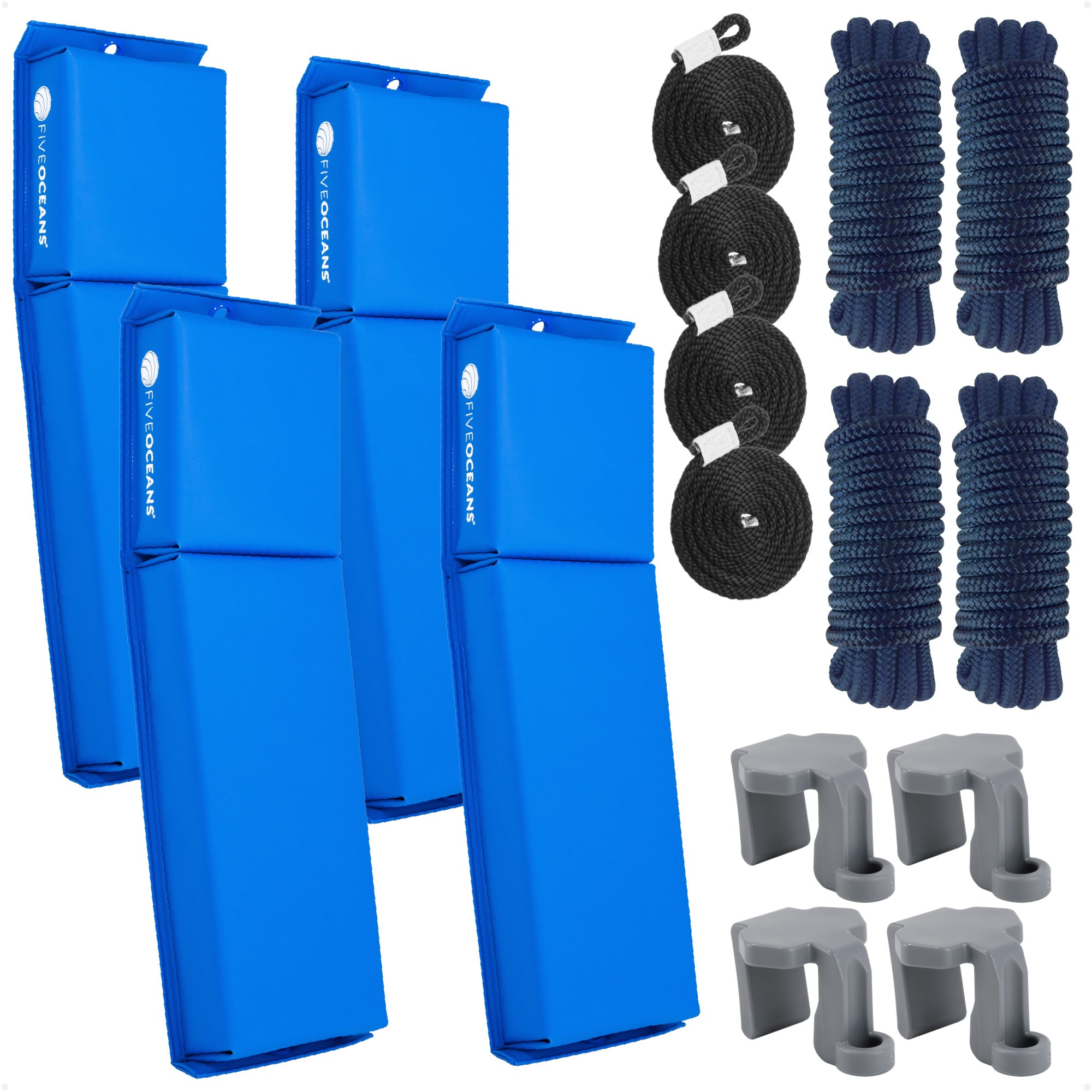 Pontoon Docking Kit - 4-Pack Blue Flat Fender 24" x 6-7/8" x 2-1/2", Dock Lines 1/2" x 15' and Fender Clips - FO4680-C1
