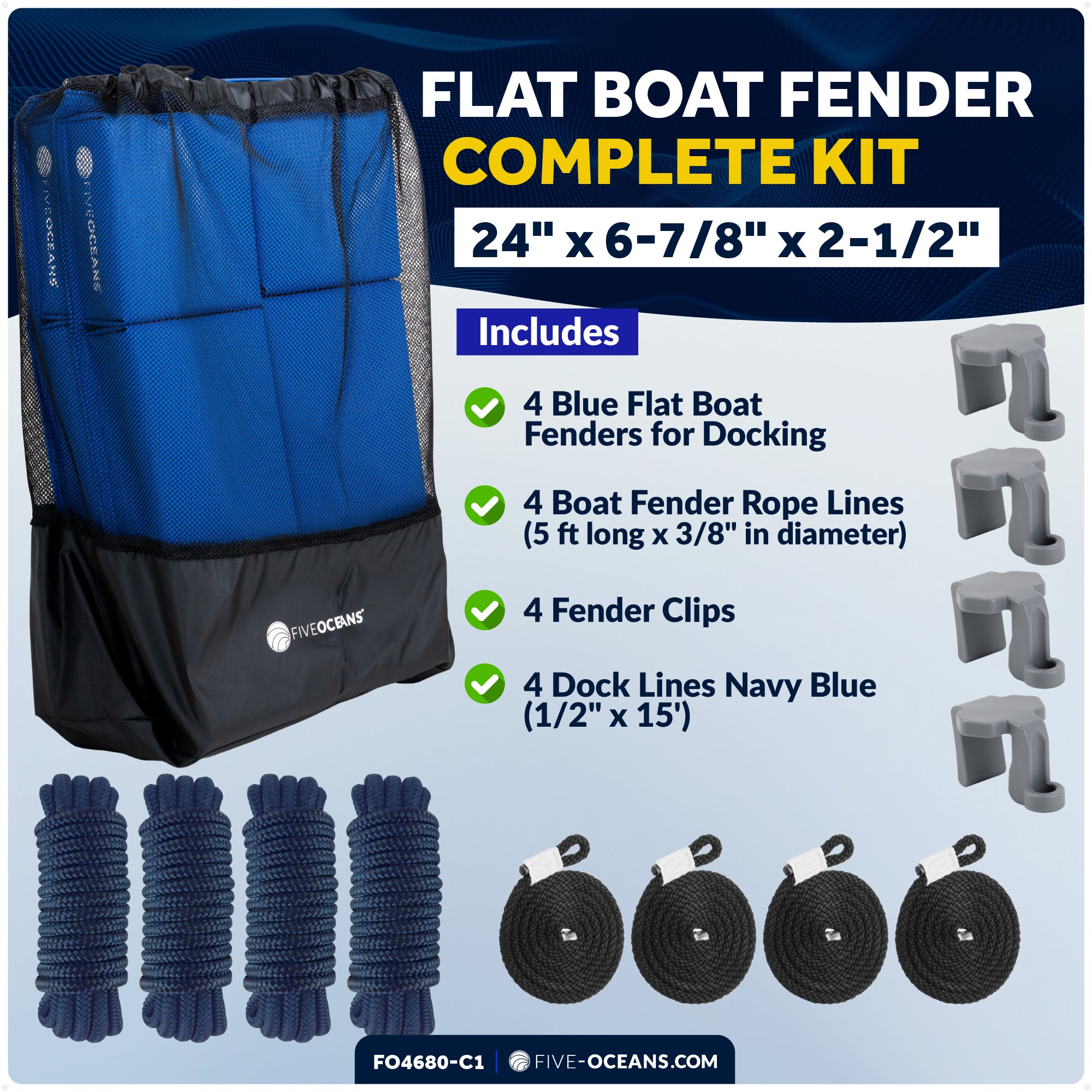 Flat Boat Fender Kit, 4-Pack Blue 24" x 6-7/8" x 2-1/2", Includes 1/2" x 15' Dock Lines and Fender Clips - FO4680-C1 - Five Oceans