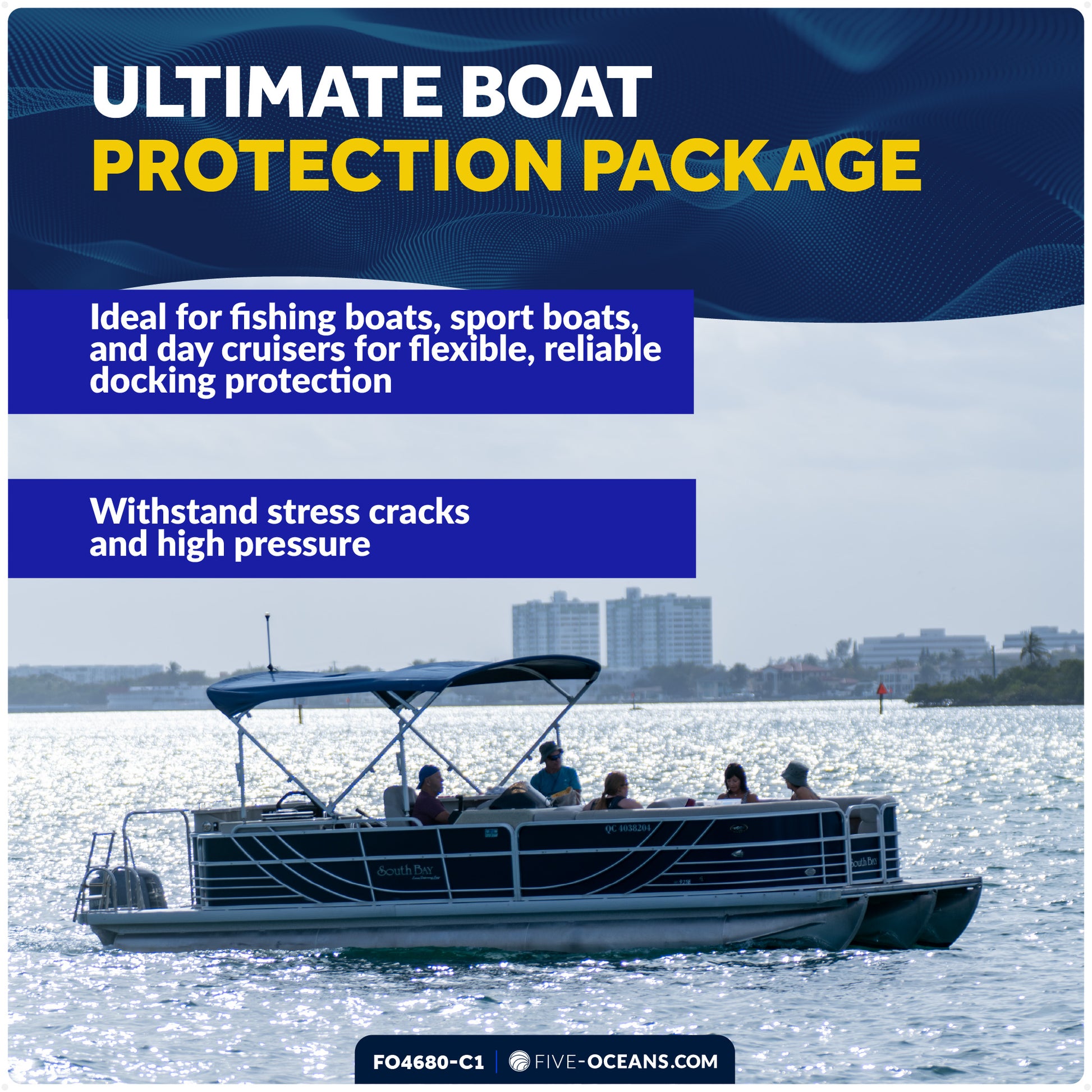 Pontoon Docking Kit - 4-Pack Blue Flat Fender 24" x 6-7/8" x 2-1/2", Dock Lines 1/2" x 15' and Fender Clips - FO4680-C1 - Five Oceans