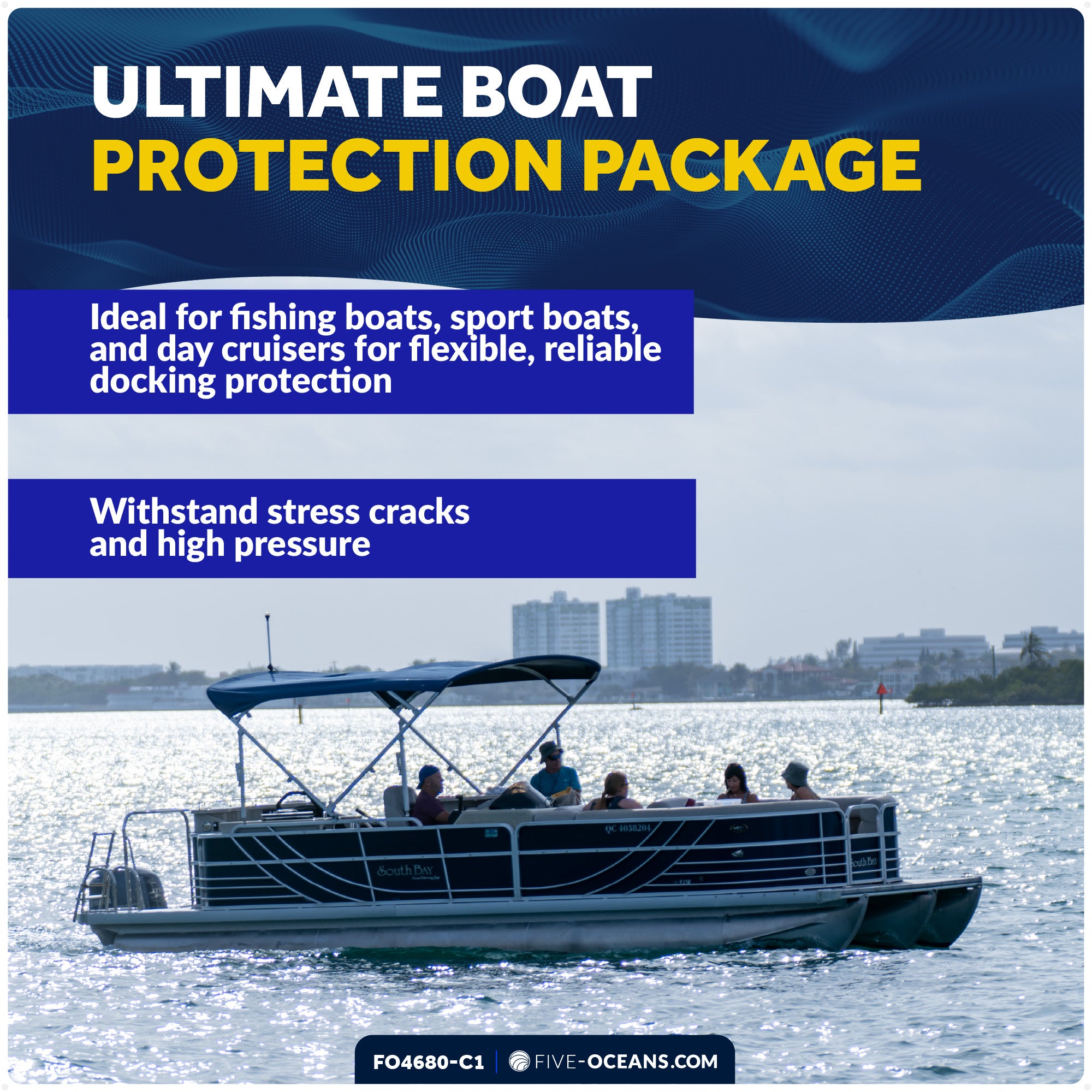 Pontoon Docking Kit - 4-Pack Blue Flat Fender 24" x 6-7/8" x 2-1/2", Dock Lines 1/2" x 15' and Fender Clips - FO4680-C1 - Five Oceans