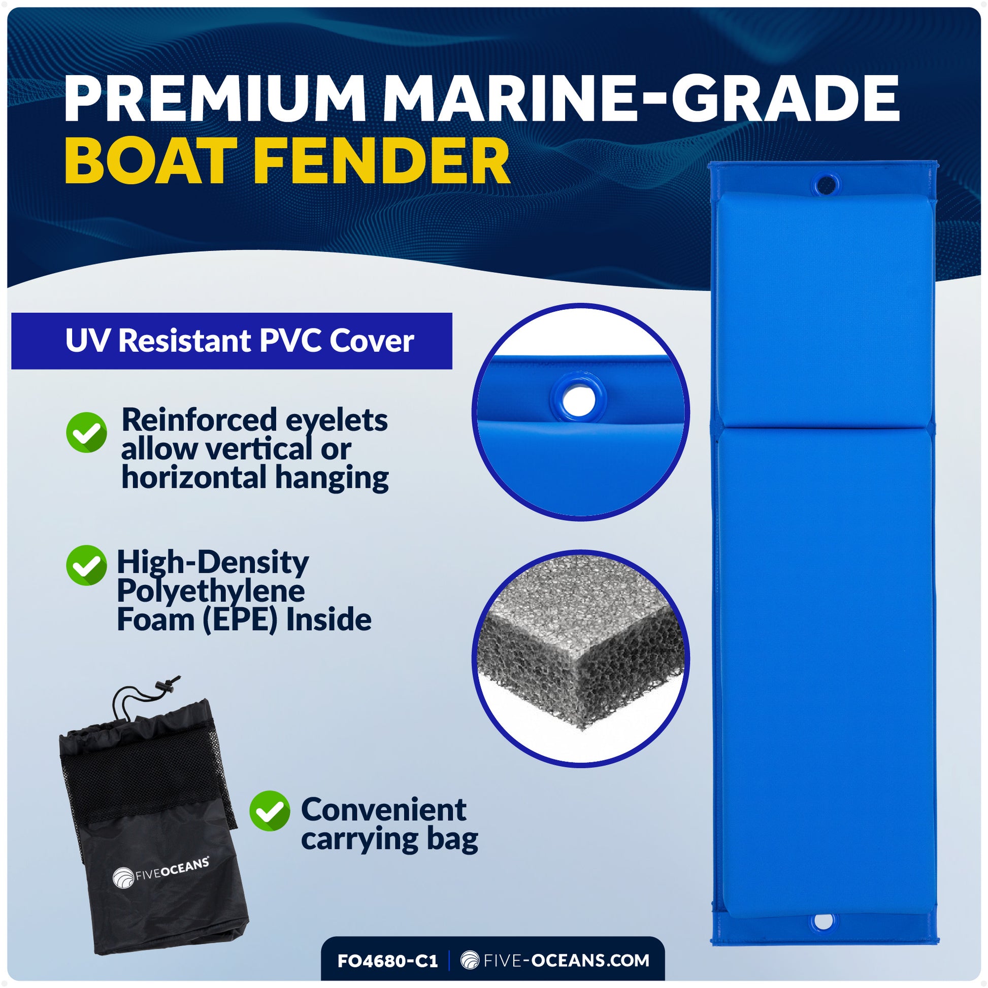 Pontoon Docking Kit - 4-Pack Blue Flat Fender 24" x 6-7/8" x 2-1/2", Dock Lines 1/2" x 15' and Fender Clips - FO4680-C1 - Five Oceans