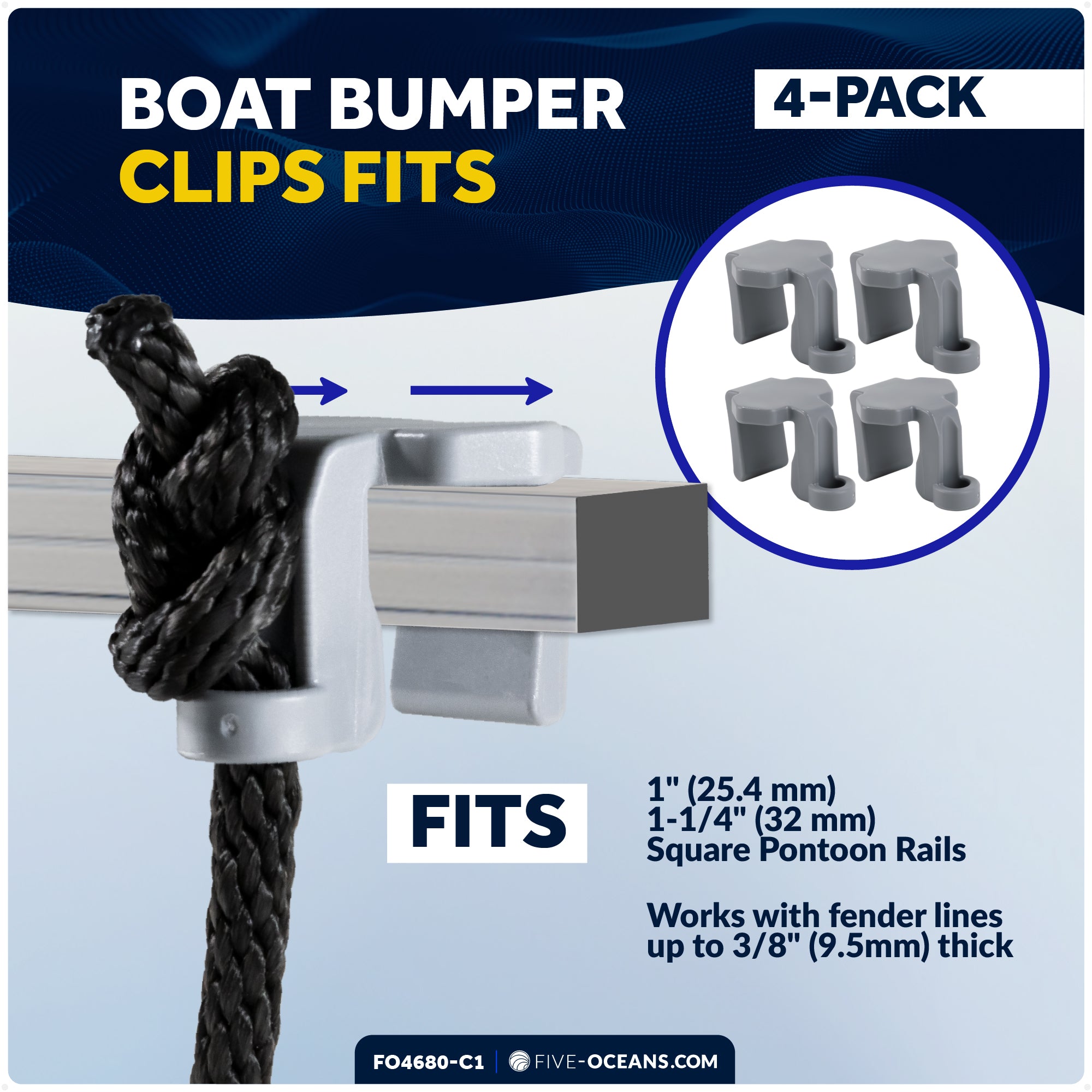 Flat Boat Fender Kit, 4-Pack Blue 24" x 6-7/8" x 2-1/2", Includes 1/2" x 15' Dock Lines and Fender Clips - FO4680-C1 - Five Oceans