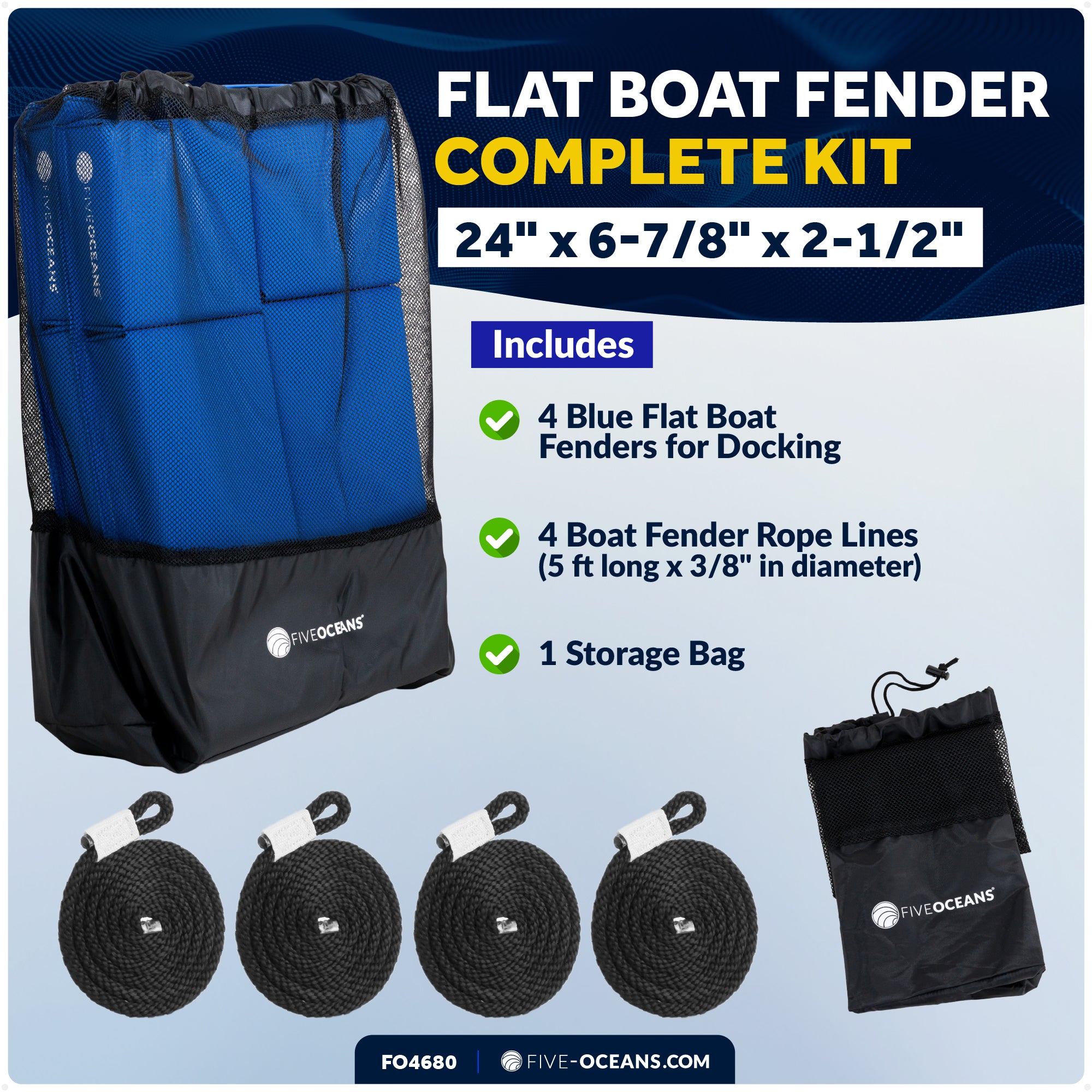 Flat Boat Fender 24" x 6-7/8" x 2-1/2", Blue, 4-Pack - FO4680 - Five Oceans