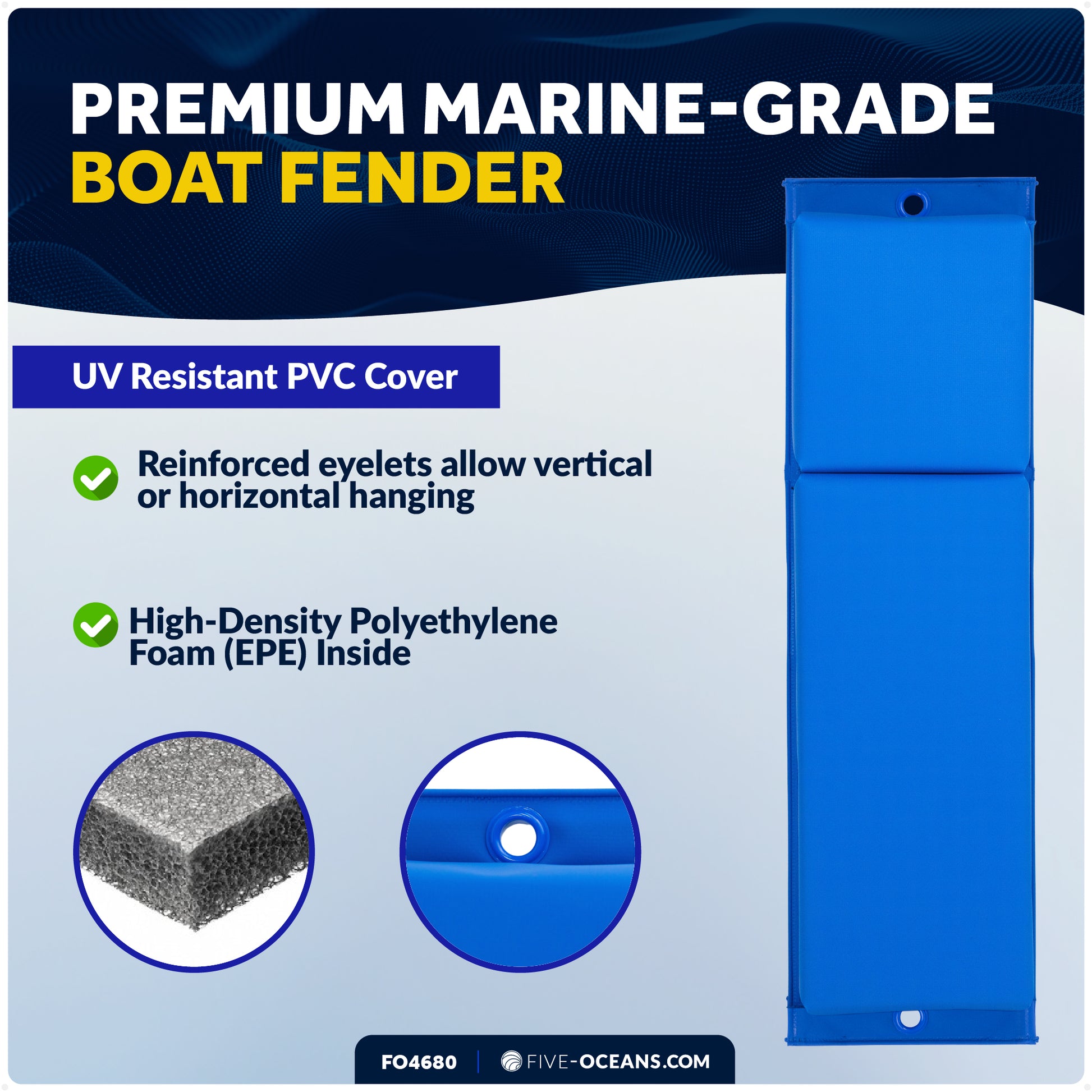 Flat Boat Fender 24" x 6-7/8" x 2-1/2", Blue, 4-Pack - FO4680 - Five Oceans