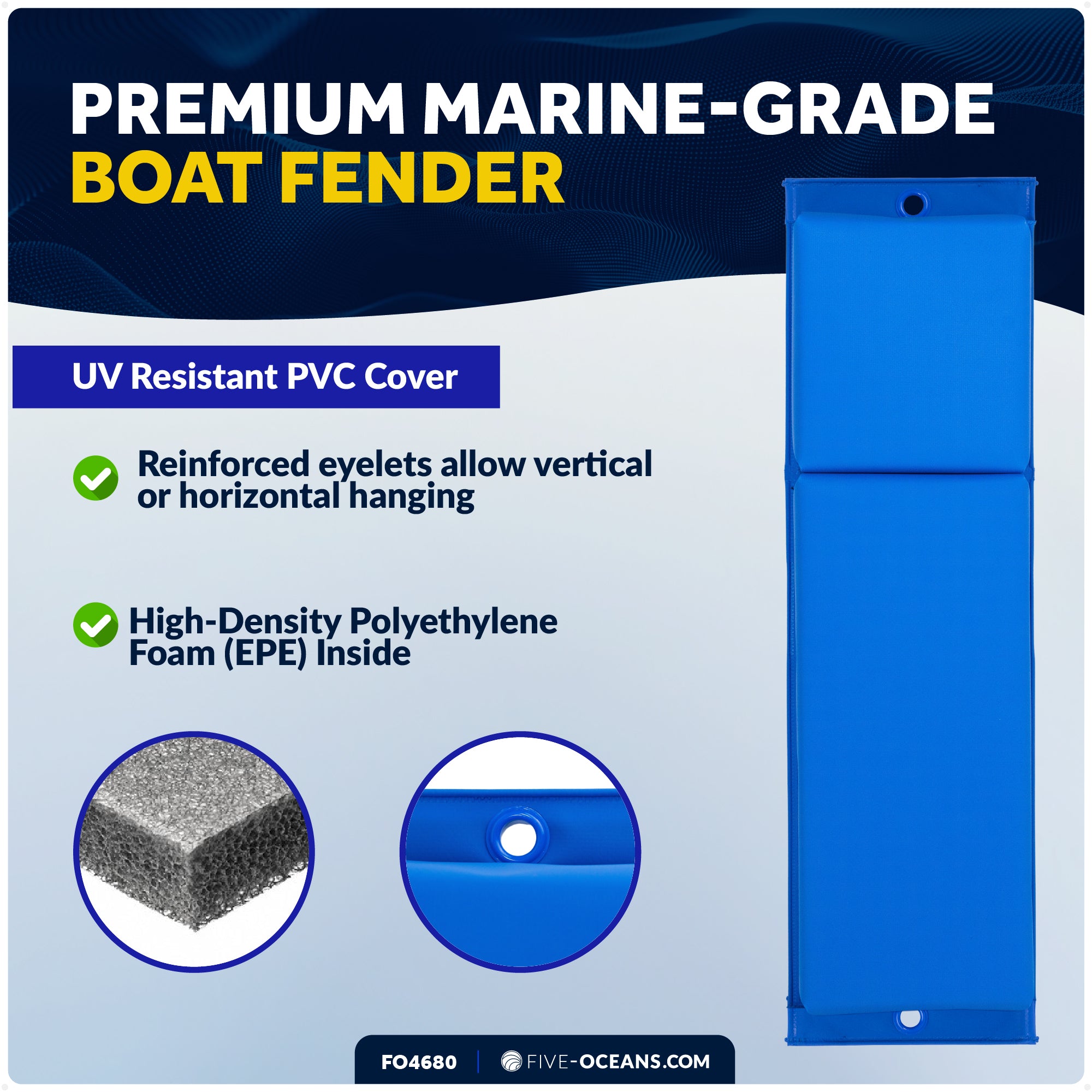 Flat Boat Fender 24" x 6-7/8" x 2-1/2", Blue, 4-Pack - FO4680 - Five Oceans