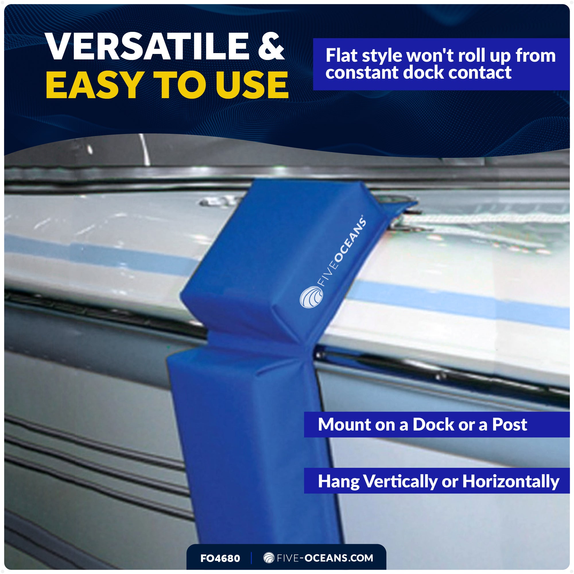 Flat Boat Fender 24" x 6-7/8" x 2-1/2", Blue, 4-Pack - FO4680 - Five Oceans