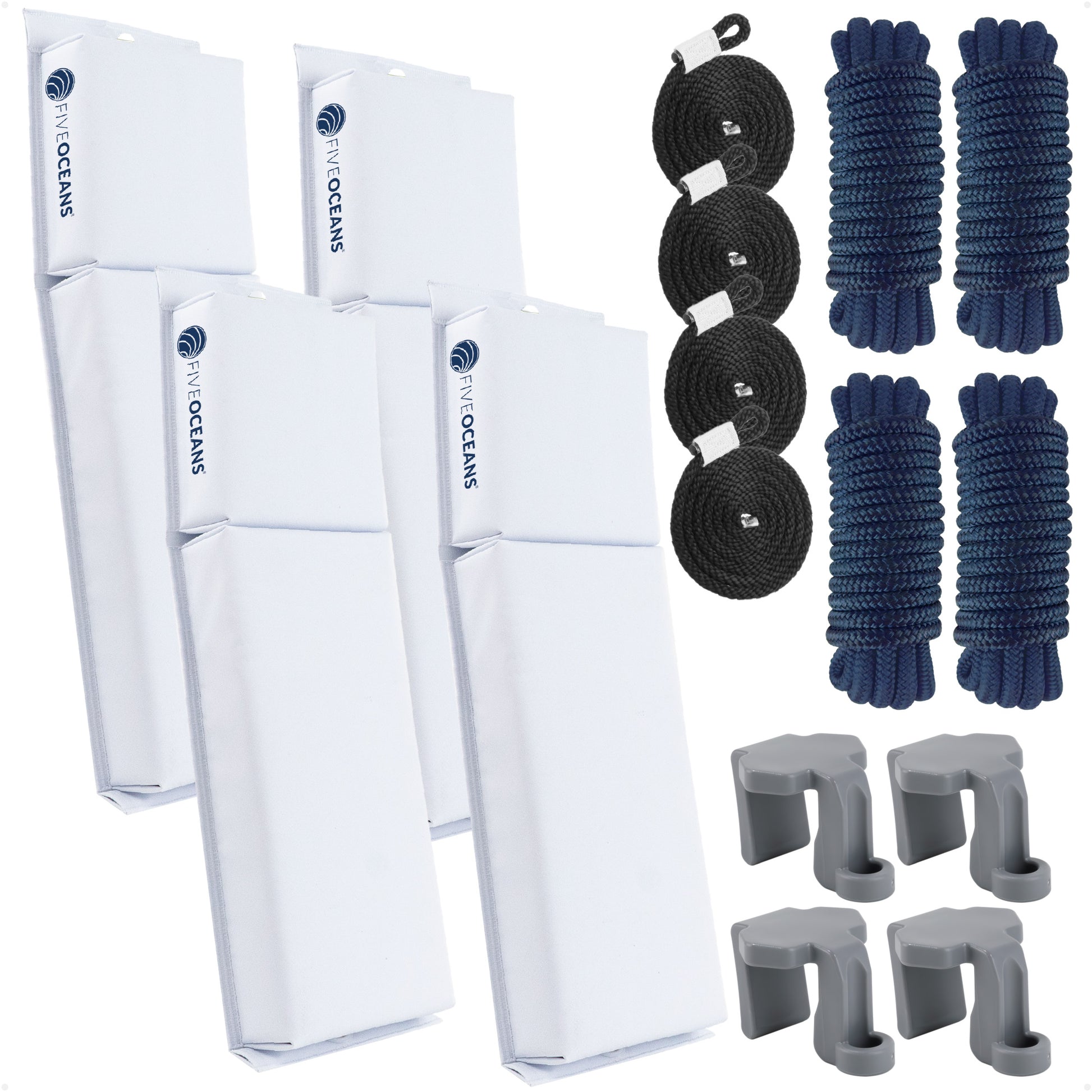 Pontoon Docking Kit - 4-Pack White Flat Fender 24" x 6-7/8" x 2-1/2", Dock Lines 1/2" x 15' and Fender Clips - FO4681-C1 - Five Oceans