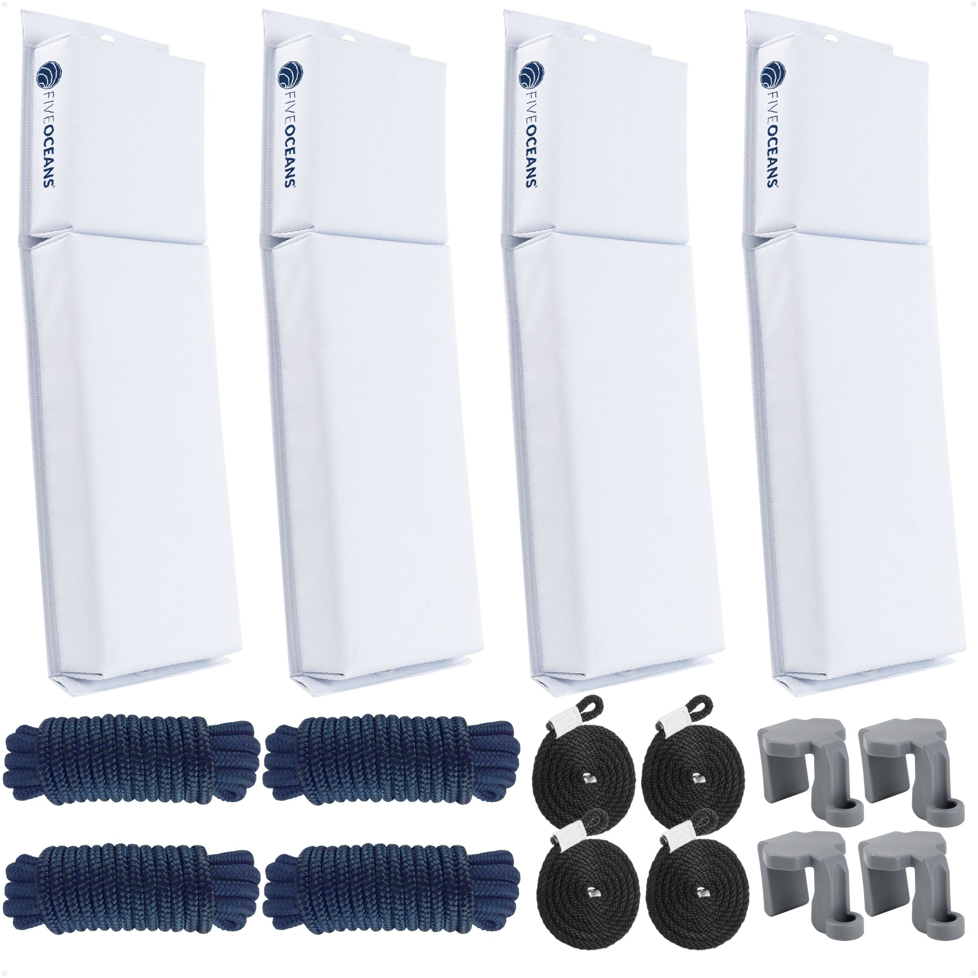 Pontoon Docking Kit - White Flat Fenders with Dock Lines & Fender Clips, 4-Pack - FO4681-C1 - Five Oceans