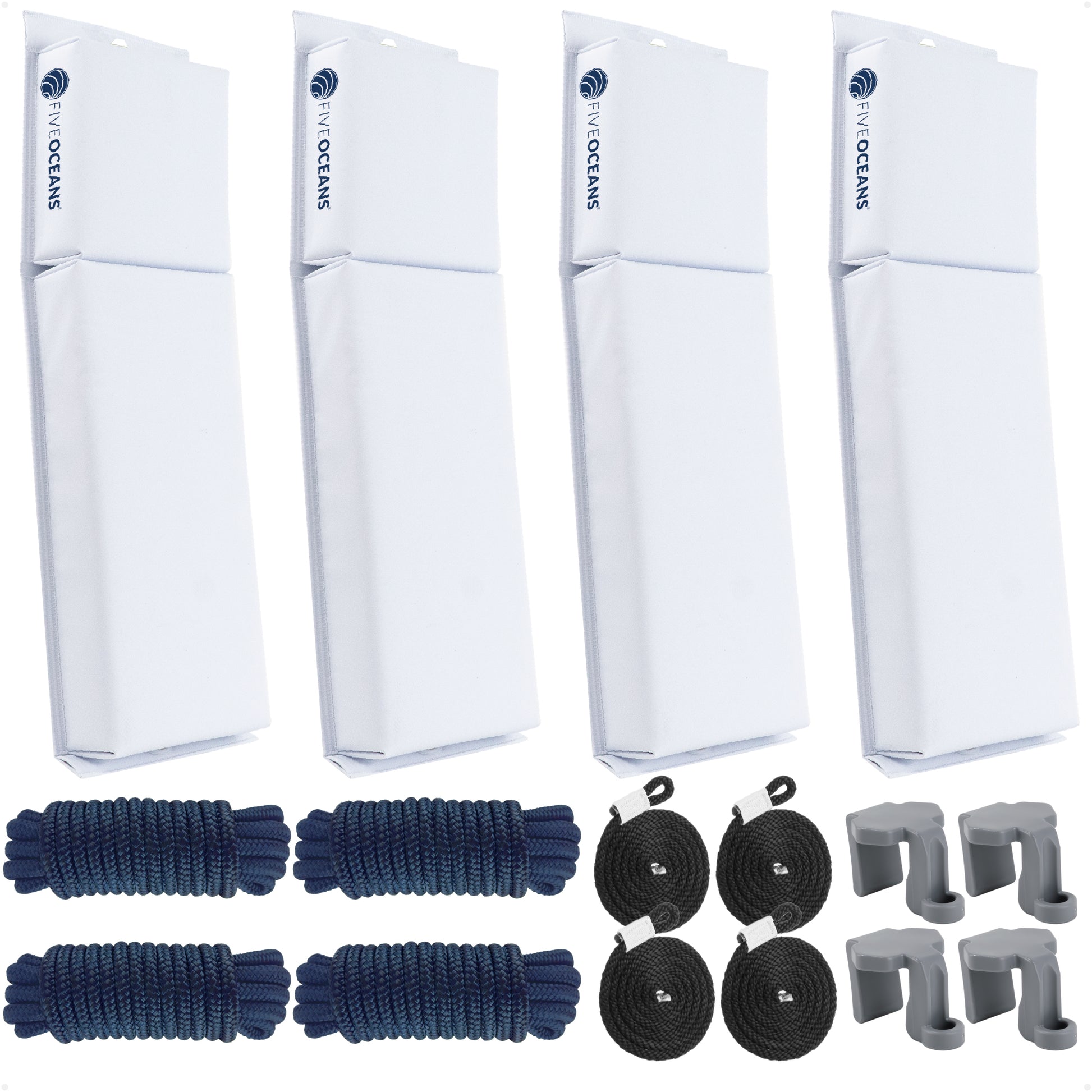 Pontoon Docking Kit - White Flat Fenders with Dock Lines & Fender Clips, 4-Pack - FO4681-C1 - Five Oceans