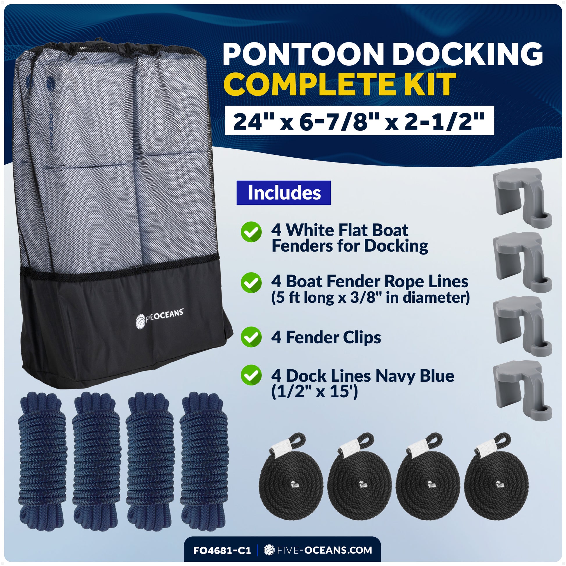 Pontoon Docking Kit - 4-Pack White Flat Fender 24" x 6-7/8" x 2-1/2", Dock Lines 1/2" x 15' and Fender Clips - FO4681-C1 - Five Oceans