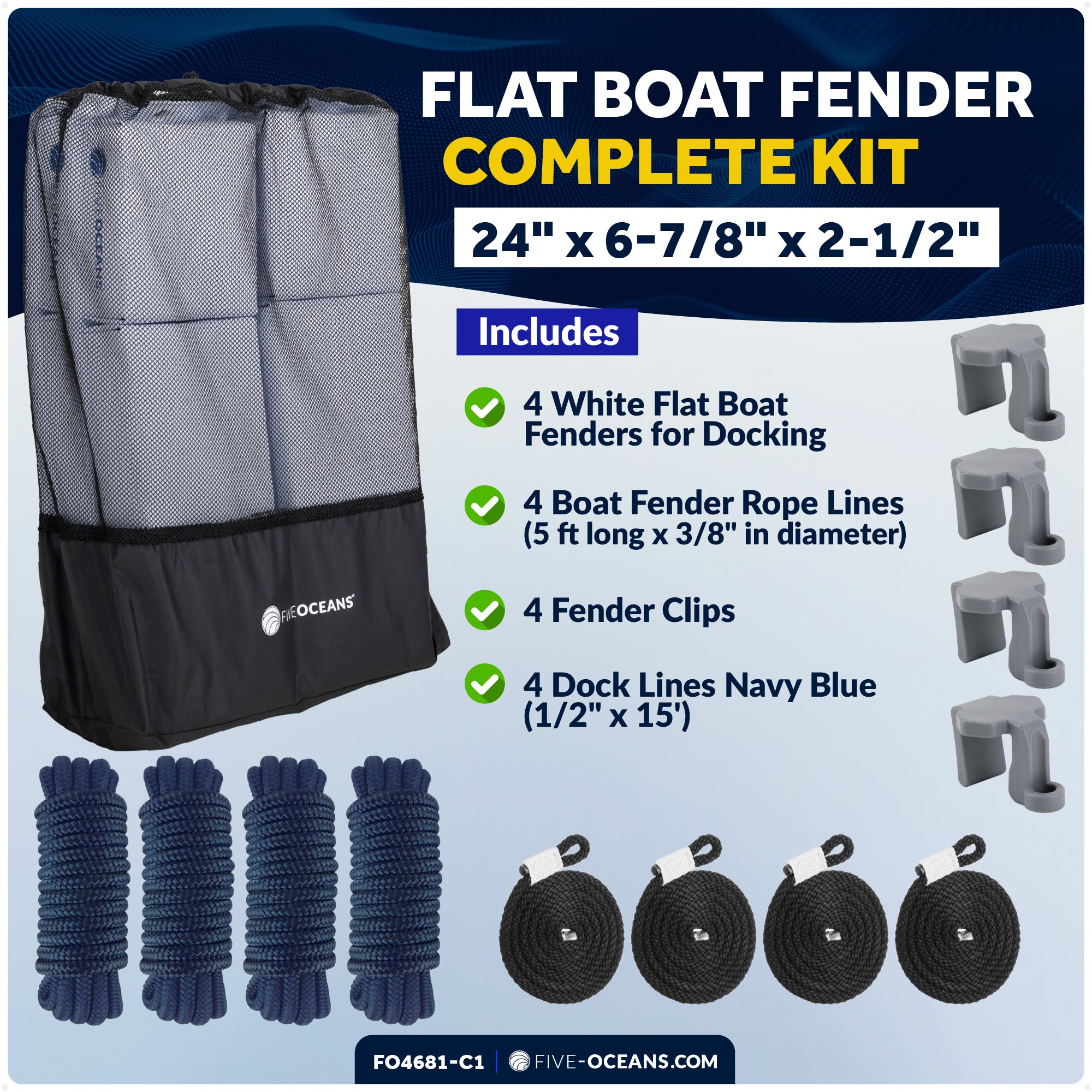 Flat Boat Fender Kit, 4-Pack White 24" x 6-7/8" x 2-1/2", Includes 1/2" x 15' Dock Lines and Fender Clips - FO4681-C1 - Five Oceans