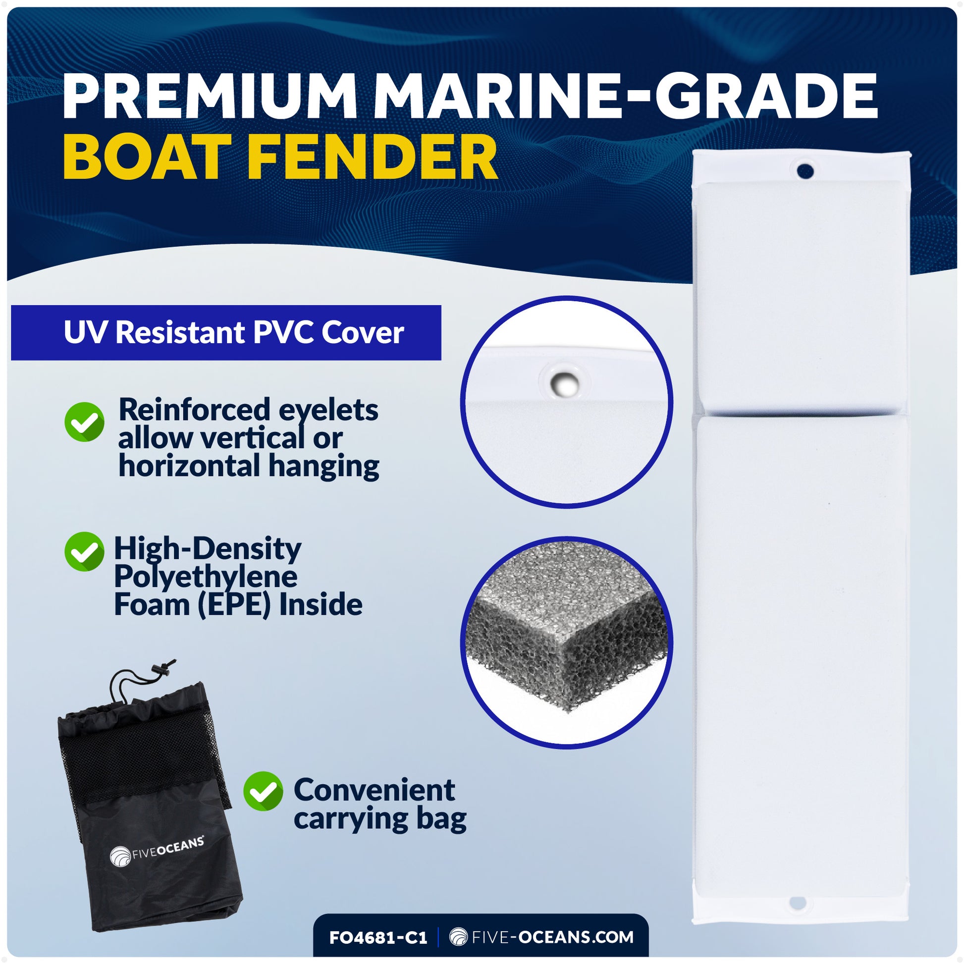 Pontoon Docking Kit - 4-Pack White Flat Fender 24" x 6-7/8" x 2-1/2", Dock Lines 1/2" x 15' and Fender Clips - FO4681-C1 - Five Oceans