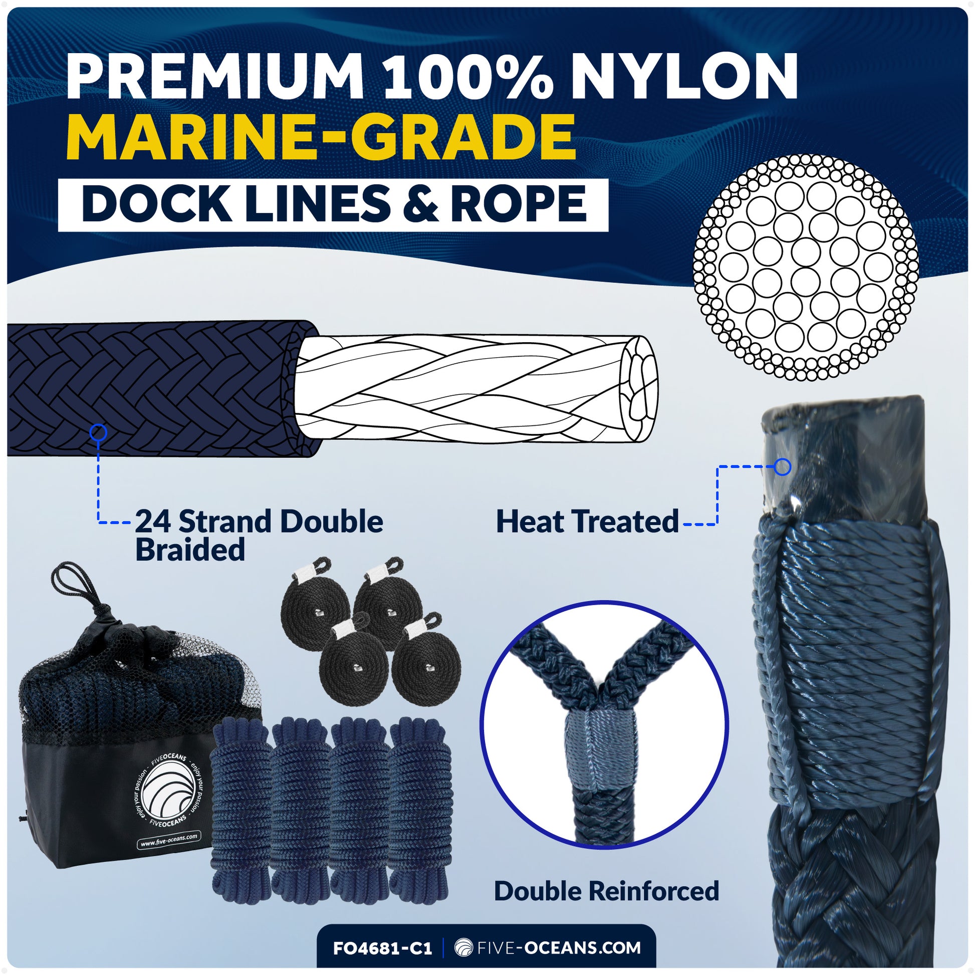 Pontoon Docking Kit - 4-Pack White Flat Fender 24" x 6-7/8" x 2-1/2", Dock Lines 1/2" x 15' and Fender Clips - FO4681-C1 - Five Oceans