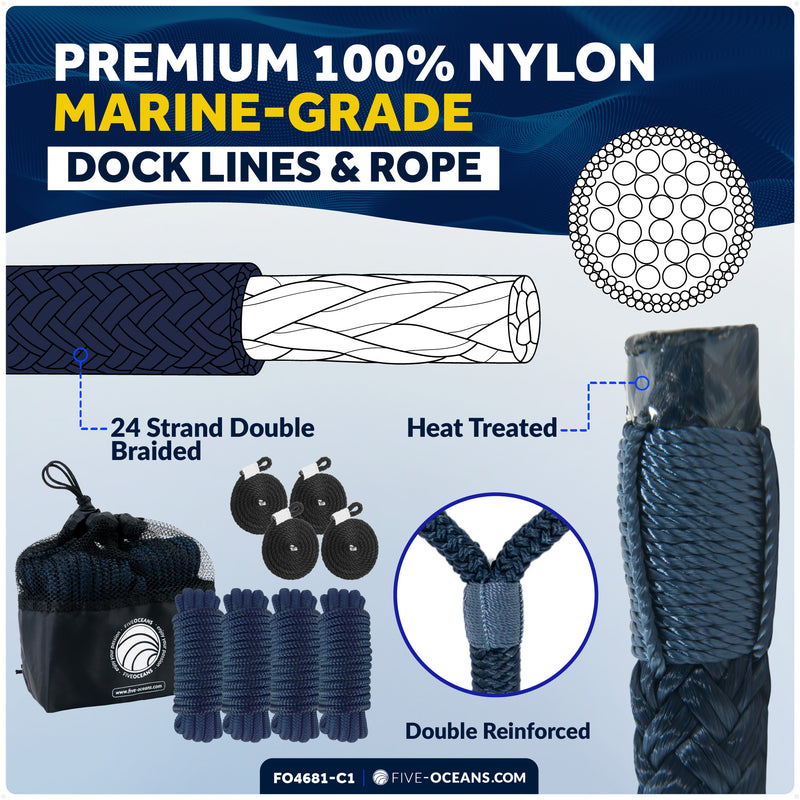 Pontoon Docking Kit - White Flat Fenders with Dock Lines & Fender Clips, 4-Pack - FO4681-C1 - Five Oceans