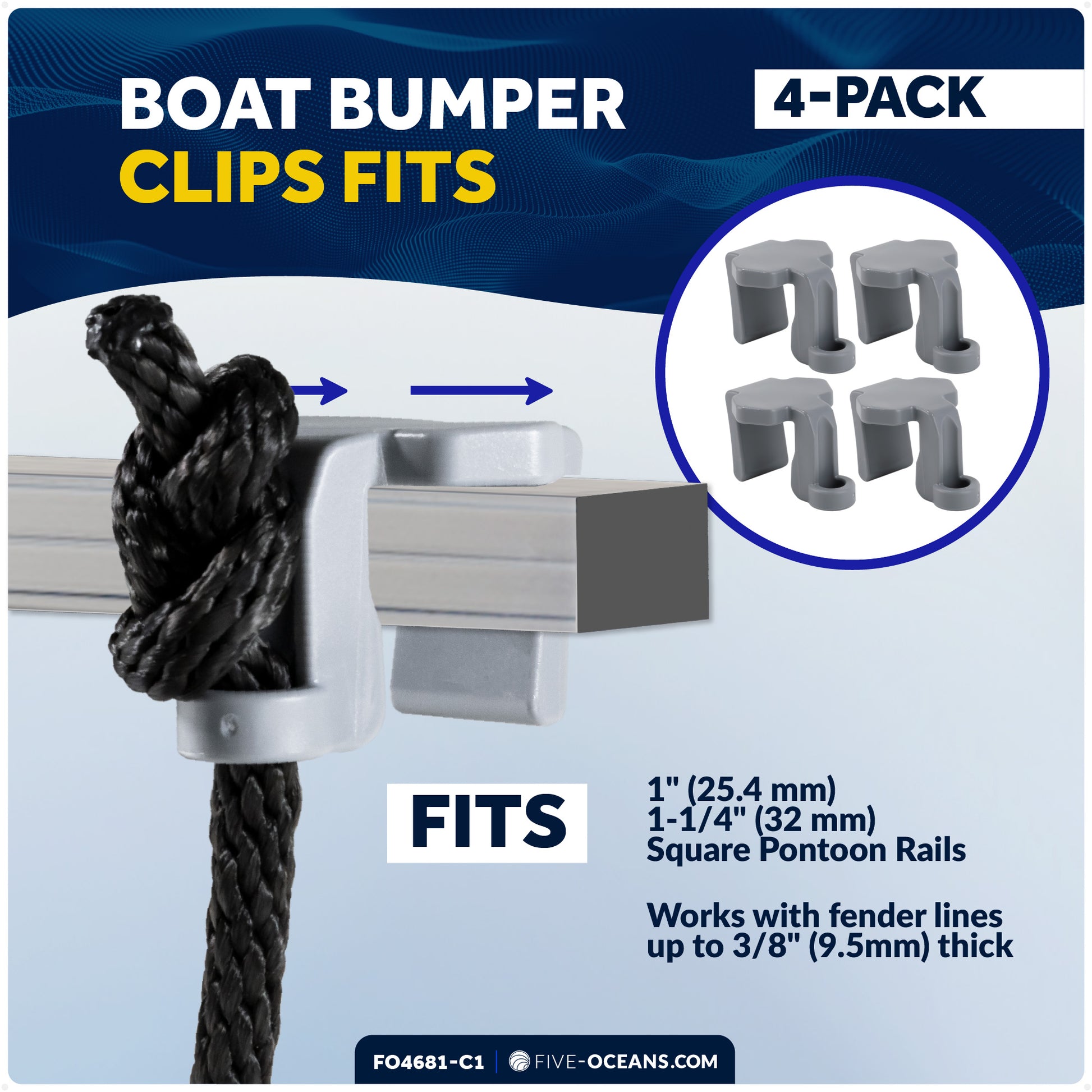 Pontoon Docking Kit - 4-Pack White Flat Fender 24" x 6-7/8" x 2-1/2", Dock Lines 1/2" x 15' and Fender Clips - FO4681-C1 - Five Oceans
