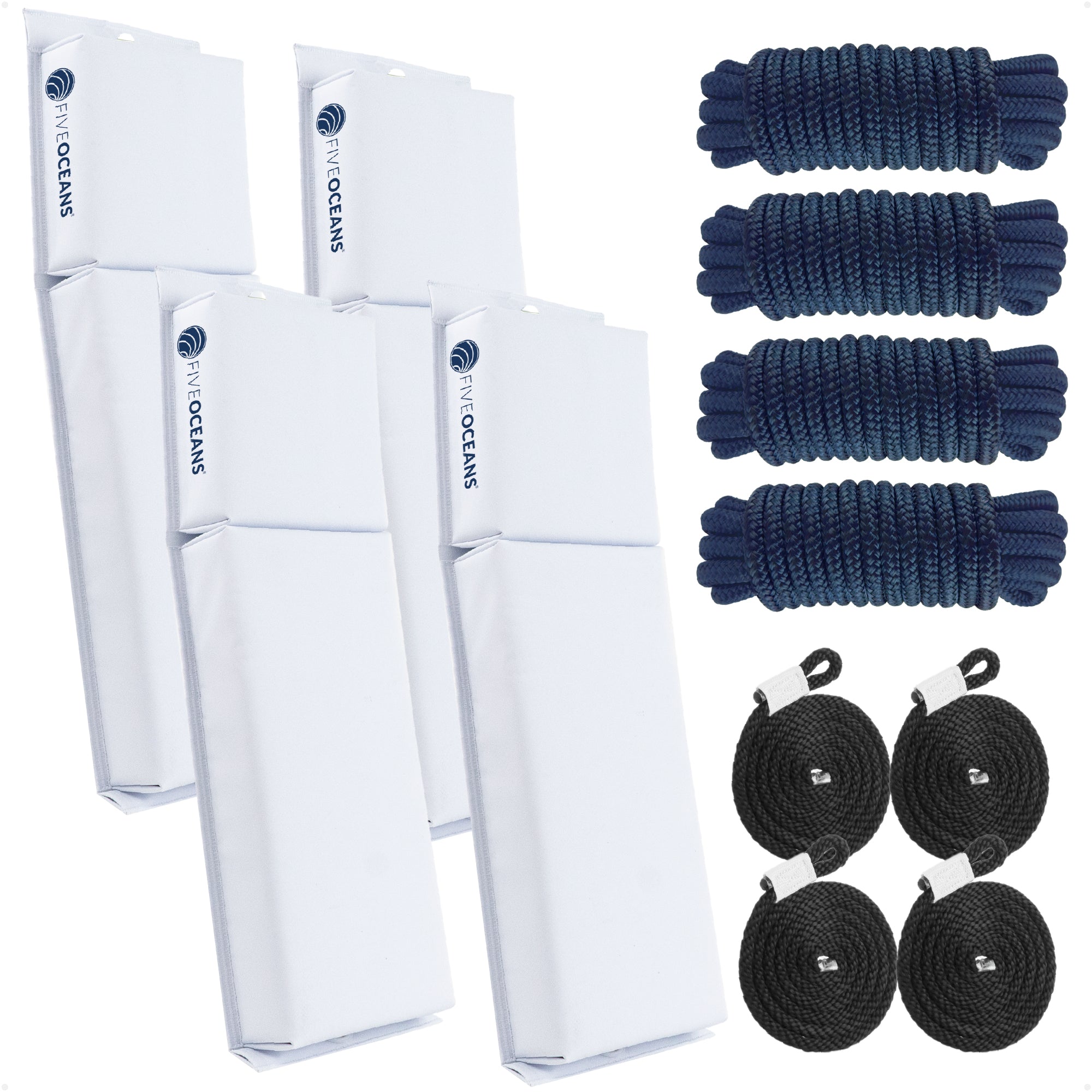 Flat Boat Fender Kit, 4-Pack White 24" x 6-7/8" x 2-1/2", Includes 1/2" x 15' Dock Lines - FO4681-C2