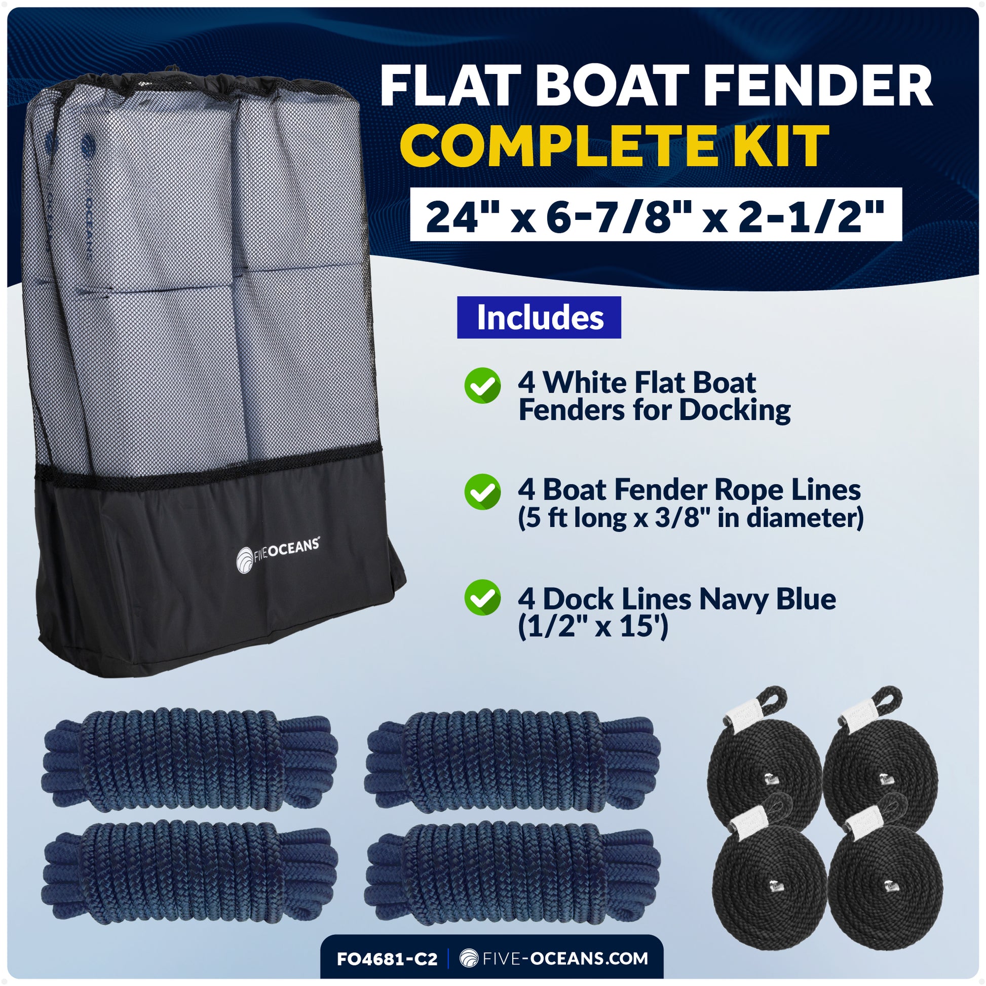 Flat Boat Fender Kit, 4-Pack White 24" x 6-7/8" x 2-1/2", Includes 1/2" x 15' Dock Lines - FO4681-C2 - Five Oceans