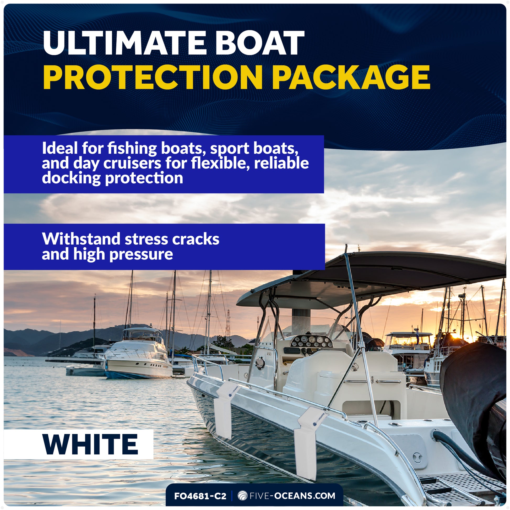 Flat Boat Fender Kit, 4-Pack White 24" x 6-7/8" x 2-1/2", Includes 1/2" x 15' Dock Lines - FO4681-C2 - Five Oceans