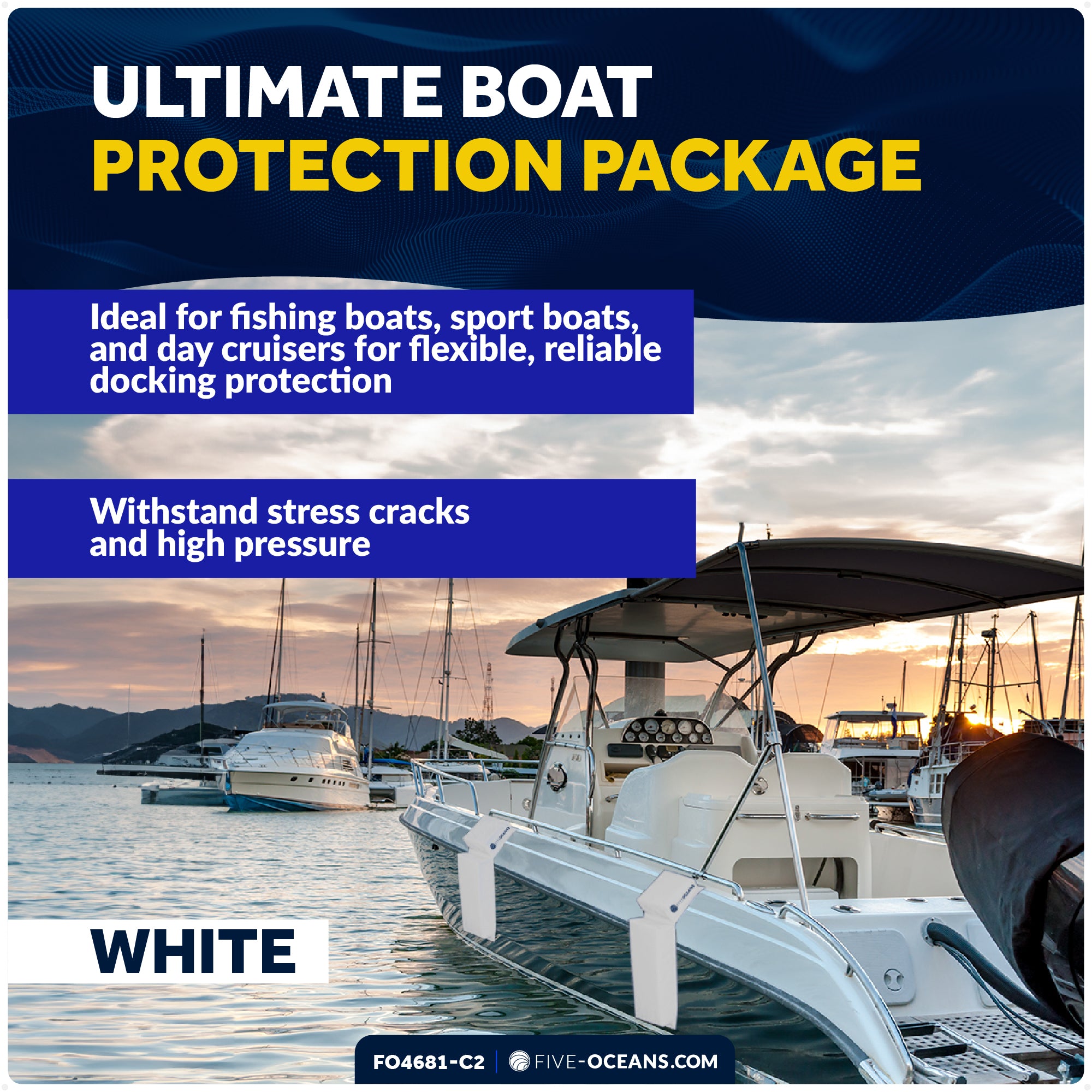 Boat Docking Kit - White Flat Fenders & Dock Lines, 4-Pack - FO4681-C2 - Five Oceans