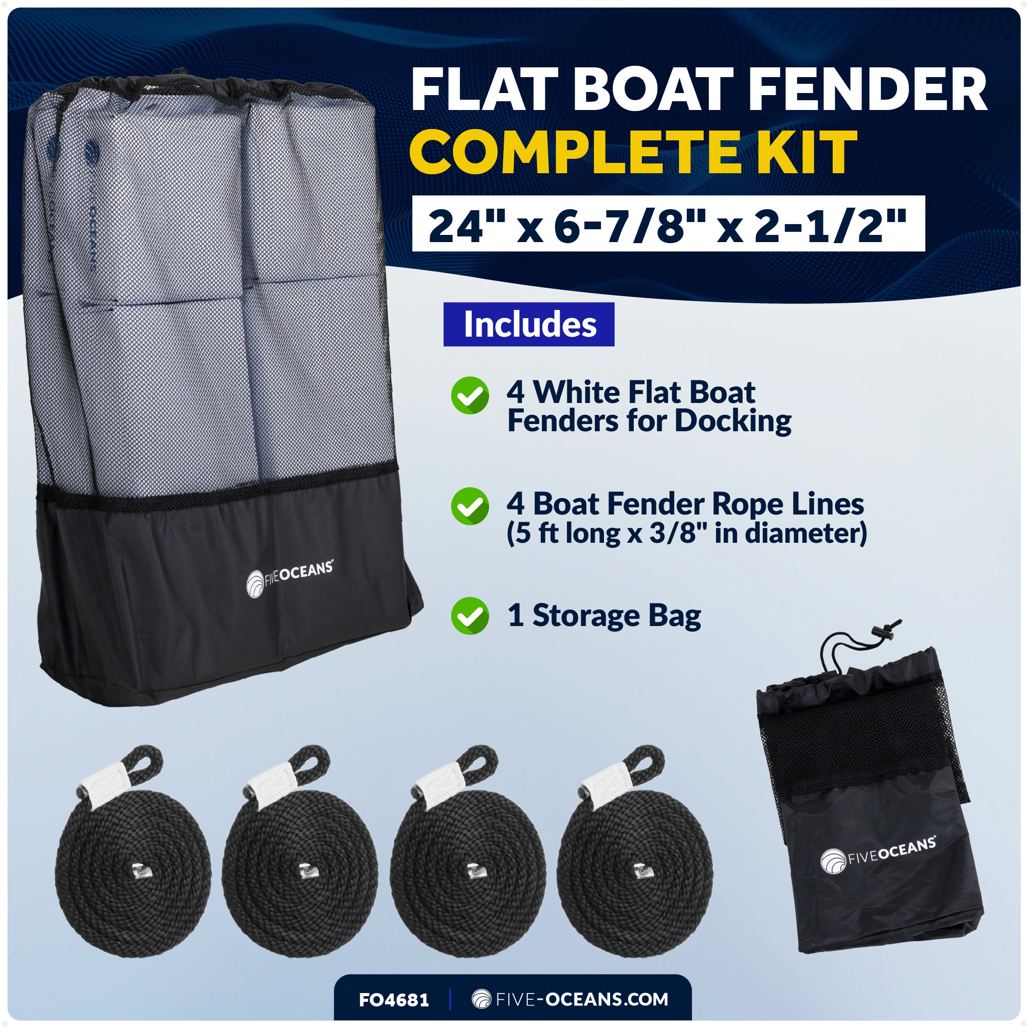 Boat Contour Fender 24" x 6-7/8" x 2-1/2", White, 4-Pack - FO4681 - Five Oceans