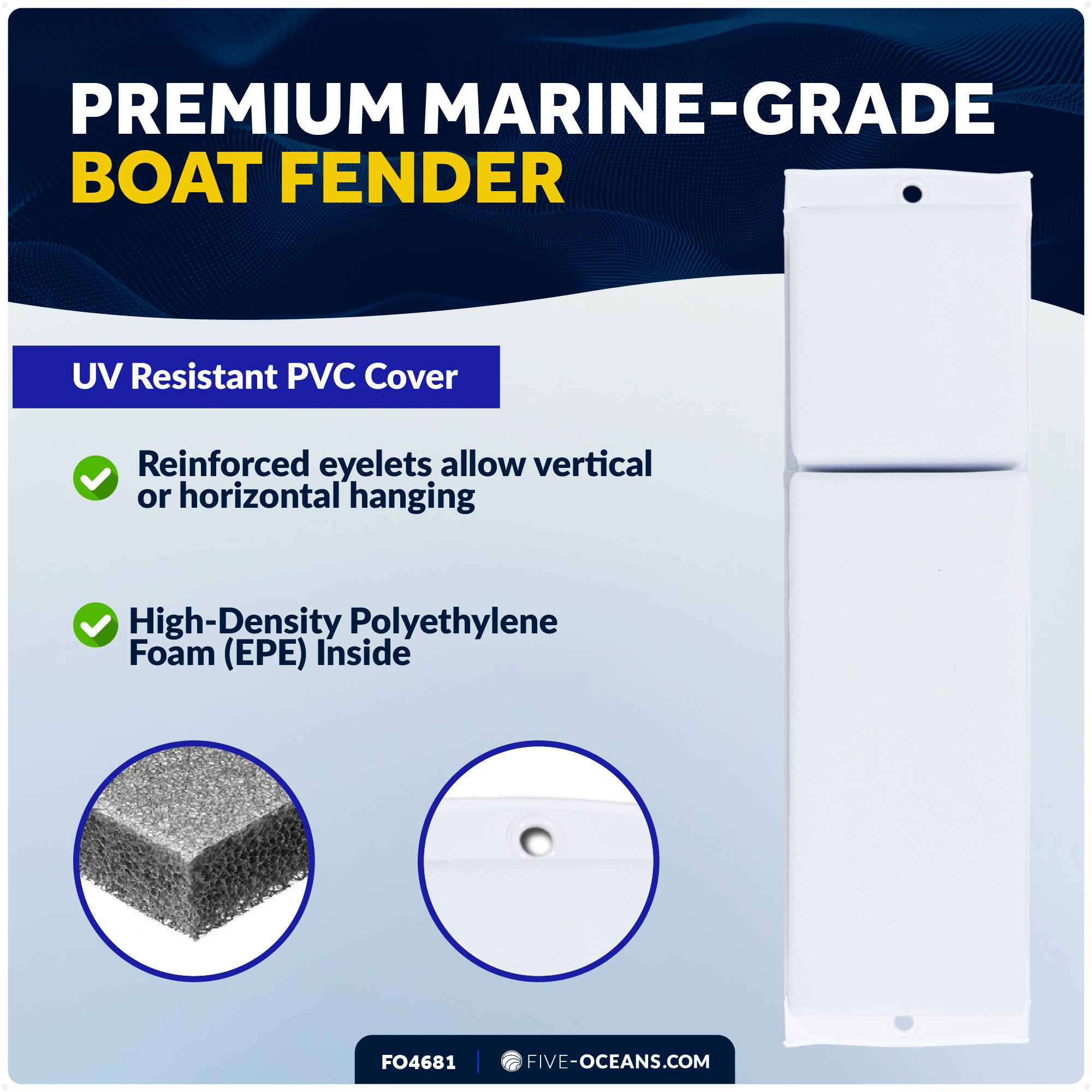 Boat Contour Fender 24" x 6-7/8" x 2-1/2", White, 4-Pack - FO4681 - Five Oceans