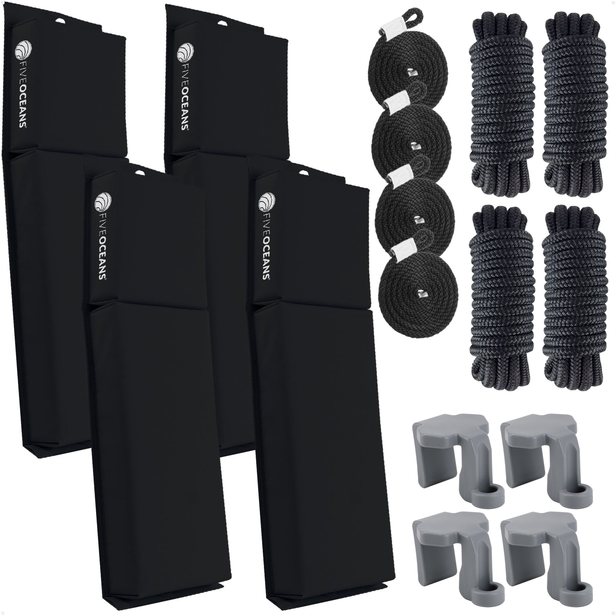 Flat Boat Fender Kit, 4-Pack Black 24" x 6-7/8" x 2-1/2", Includes 1/2" x 25' Dock Lines and Fender Clips - FO4682-C1