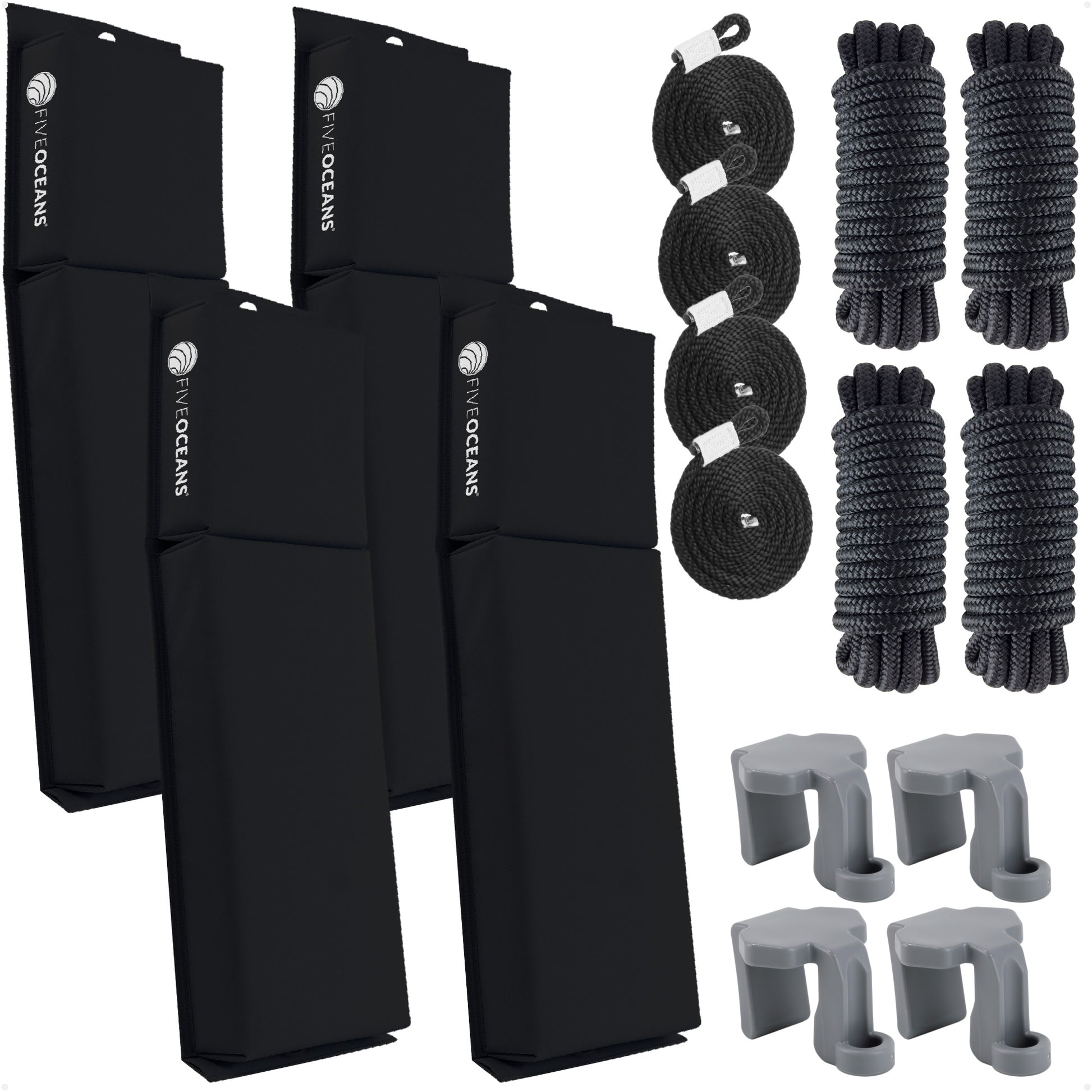 Pontoon Docking Kit - 4-Pack Black Flat Fender 24" x 6-7/8" x 2-1/2", Dock Lines 1/2" x 15' and Fender Clips - FO4682-C1 - Five Oceans