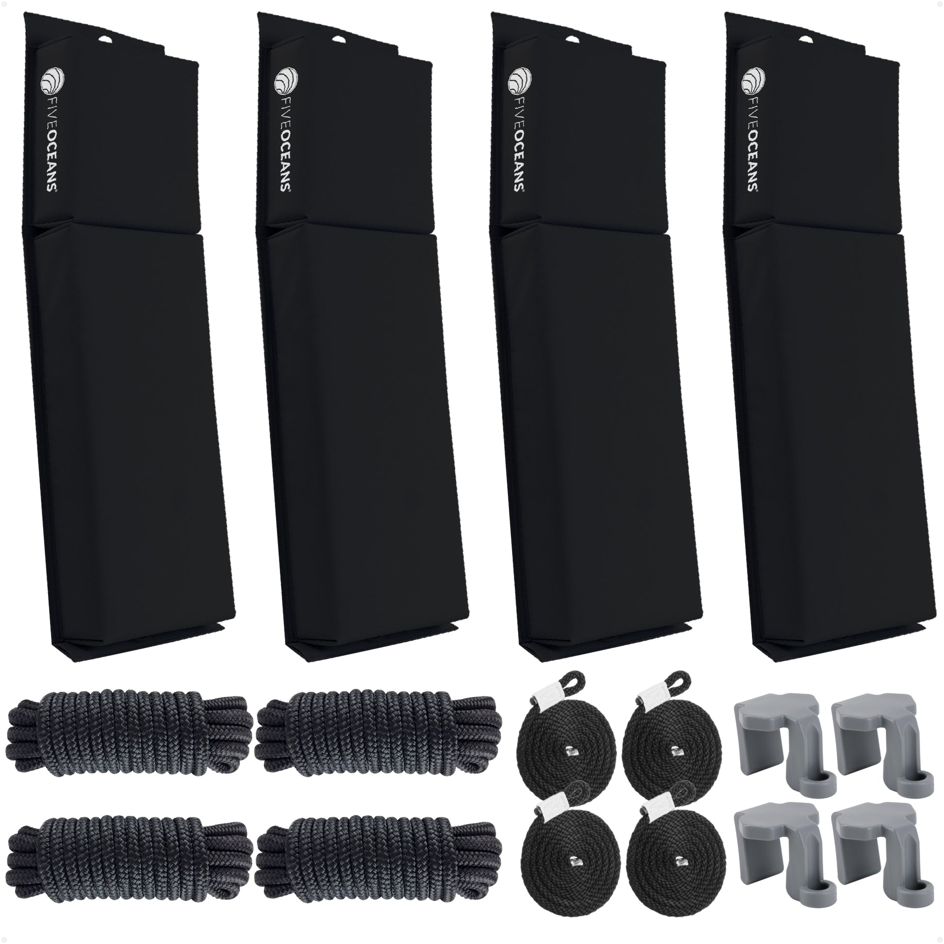 Pontoon Docking Kit - Black Flat Fenders with Dock Lines & Fender Clips, 4-Pack - FO4682-C1 - Five Oceans