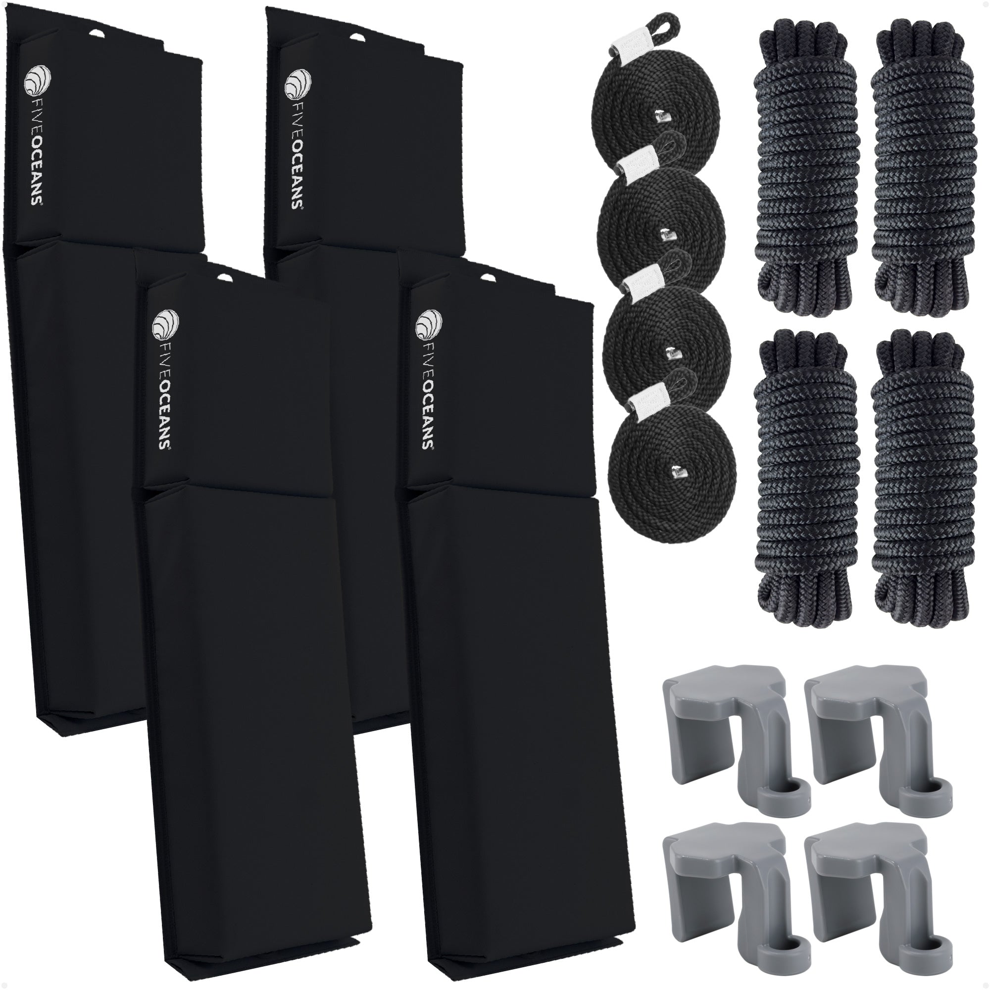 Pontoon Docking Kit - 4-Pack Black Flat Fender 24" x 6-7/8" x 2-1/2", Dock Lines 1/2" x 15' and Fender Clips - FO4682-C1
